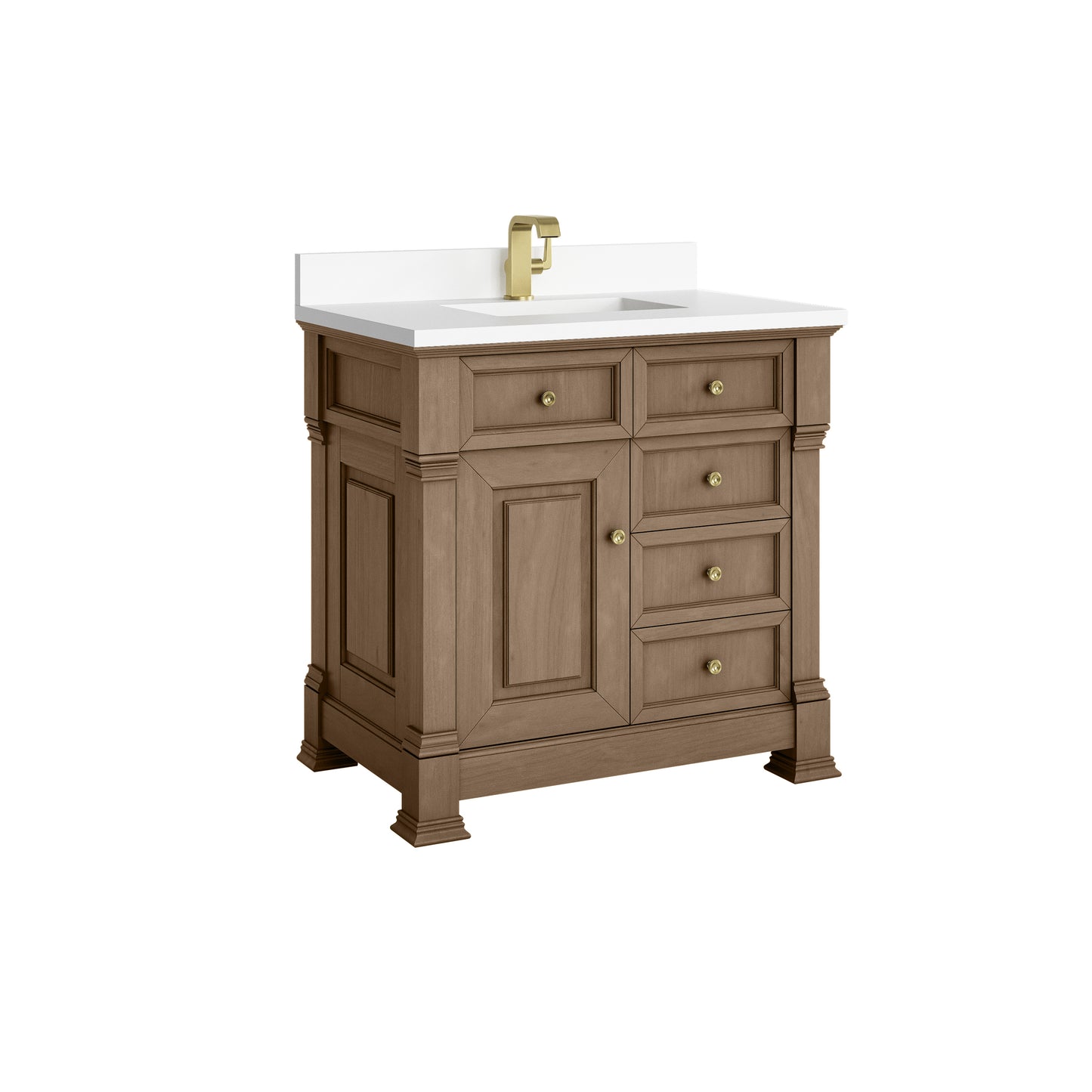 James Martin Vanities Brookfield 36" Pecan Single Vanity With Single Hole 3cm White Zeus Silestone Top and Backsplash