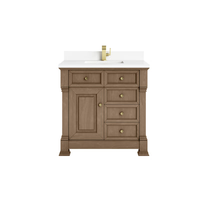 James Martin Vanities Brookfield 36" Pecan Single Vanity With Single Hole 3cm White Zeus Silestone Top and Backsplash