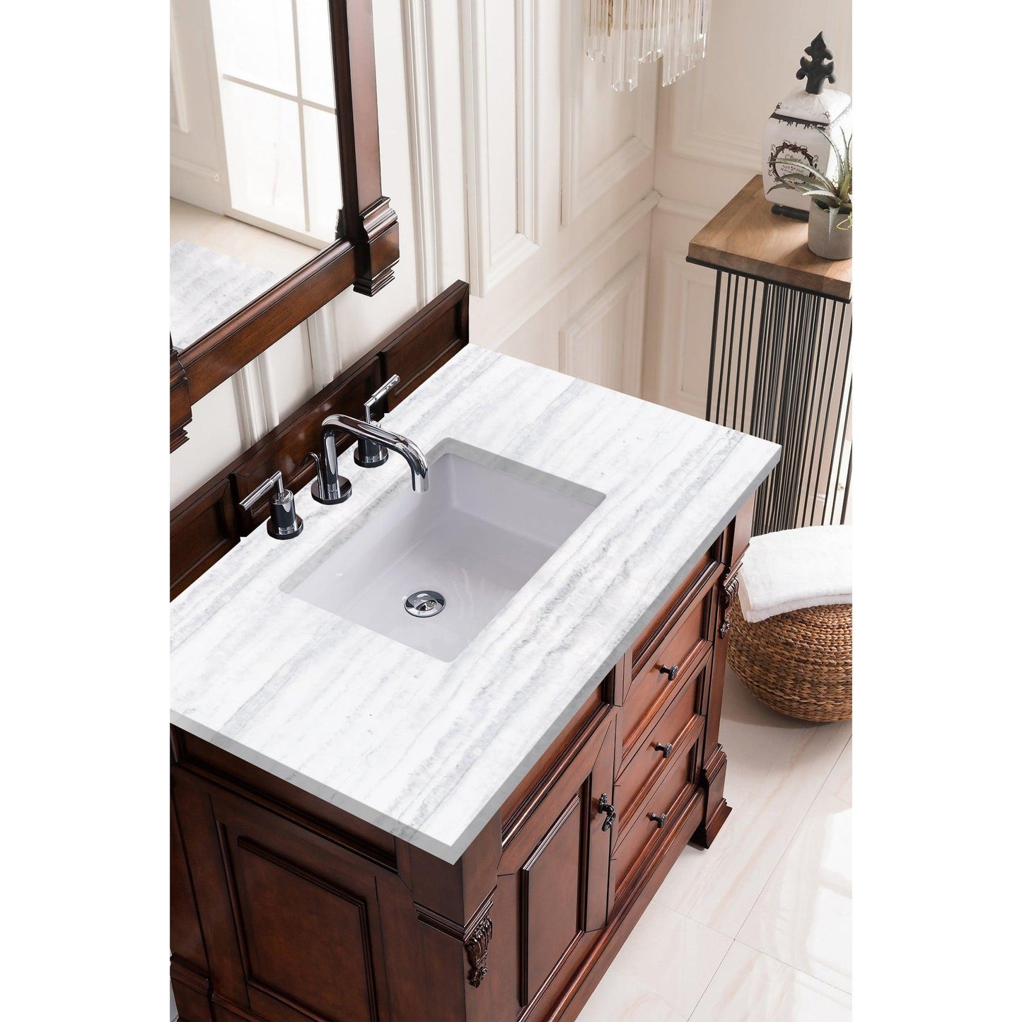 James Martin Vanities Brookfield 36" Warm Cherry Single Vanity With 3cm Arctic Fall Solid Surface Top