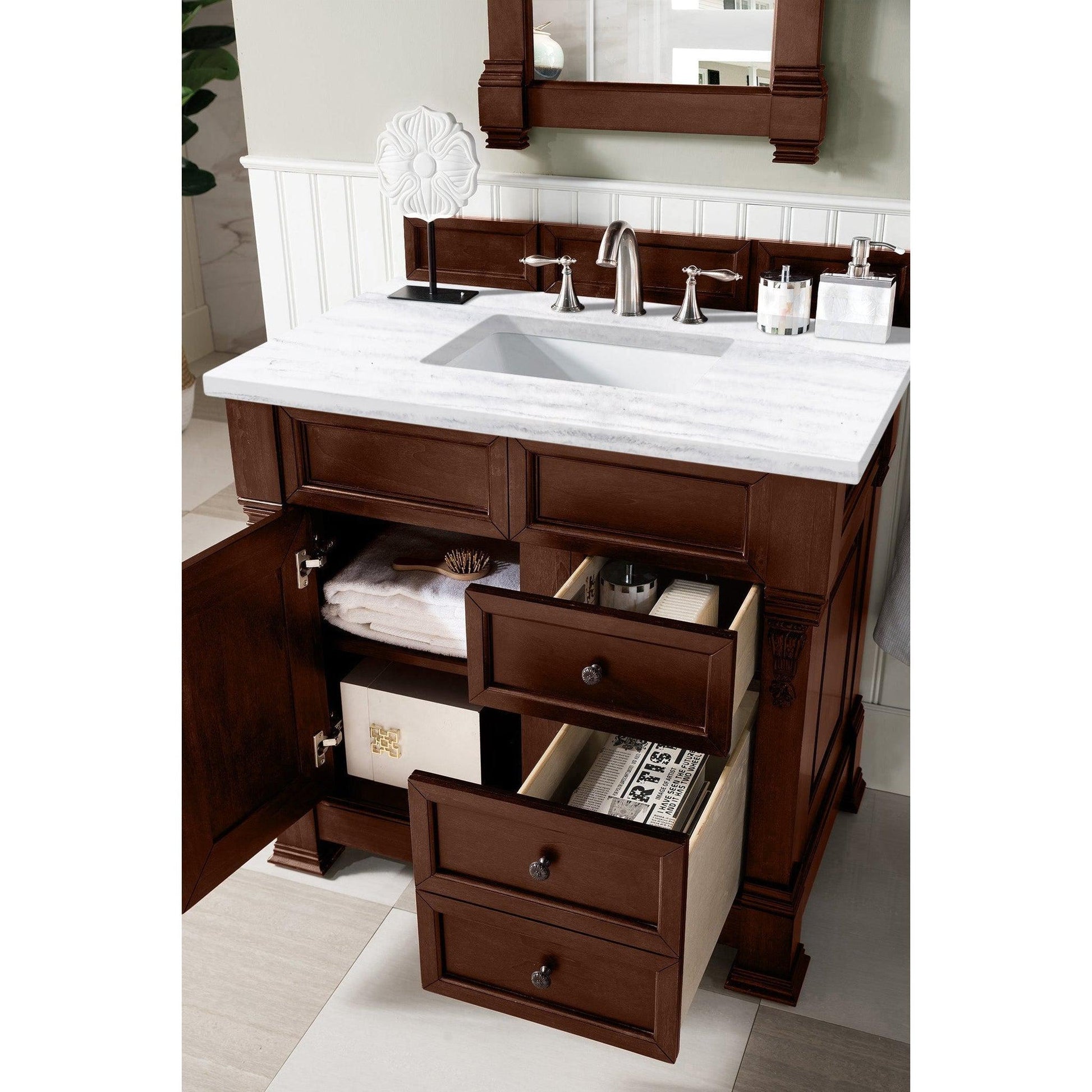 James Martin Vanities Brookfield 36" Warm Cherry Single Vanity With 3cm Arctic Fall Solid Surface Top