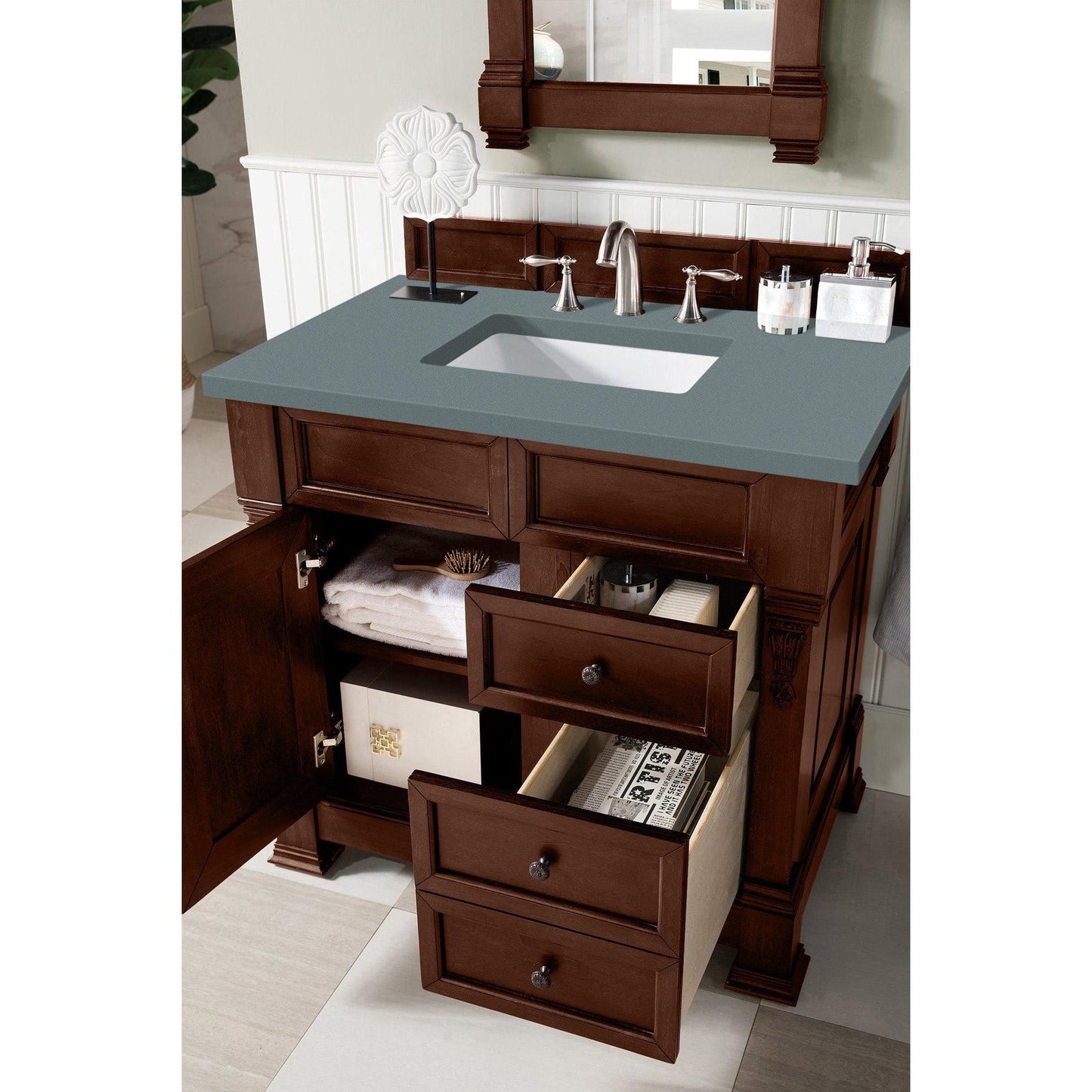 James Martin Vanities Brookfield 36" Warm Cherry Single Vanity With 3cm Cala Blue Quartz Top