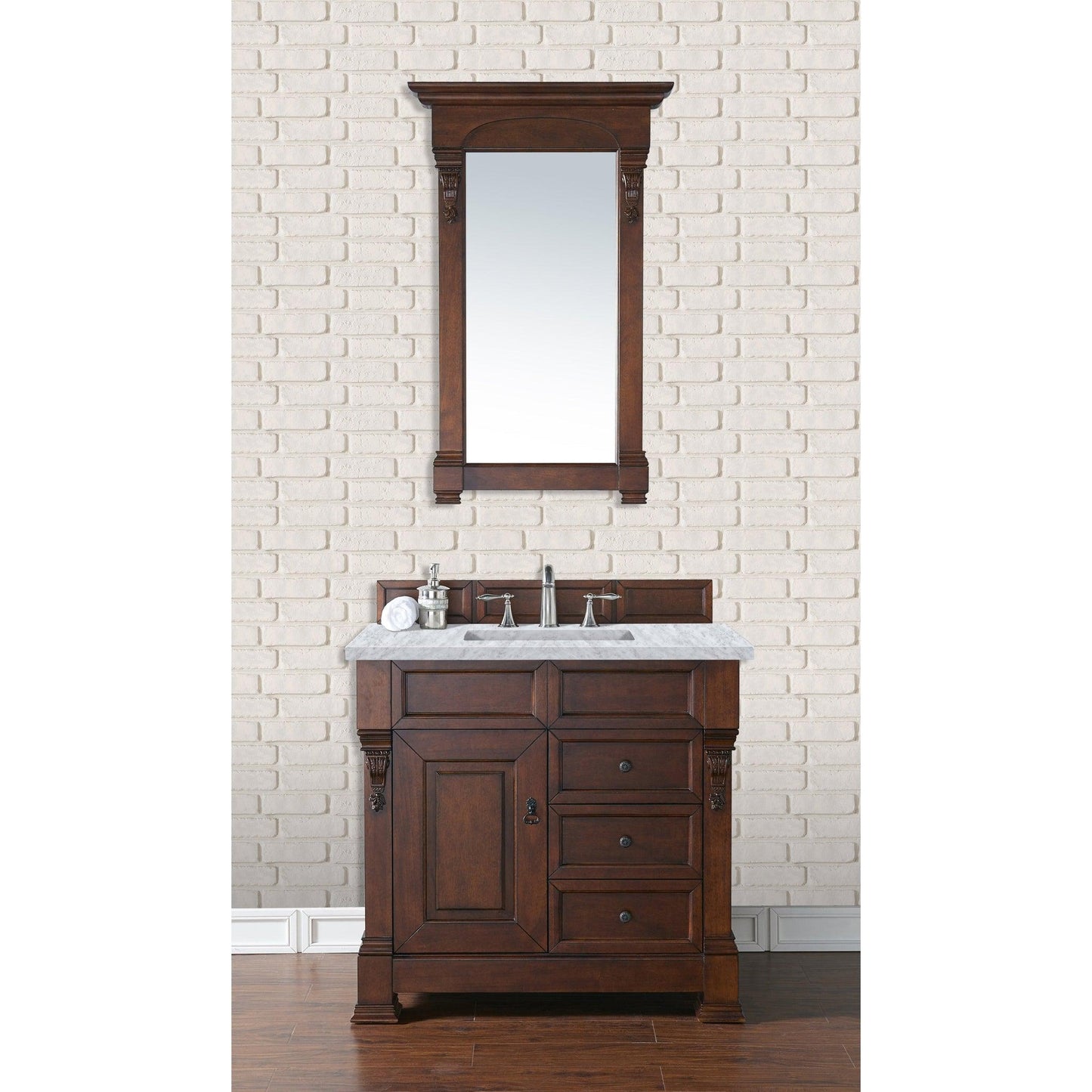 James Martin Vanities Brookfield 36" Warm Cherry Single Vanity With 3cm Carrara Marble Top