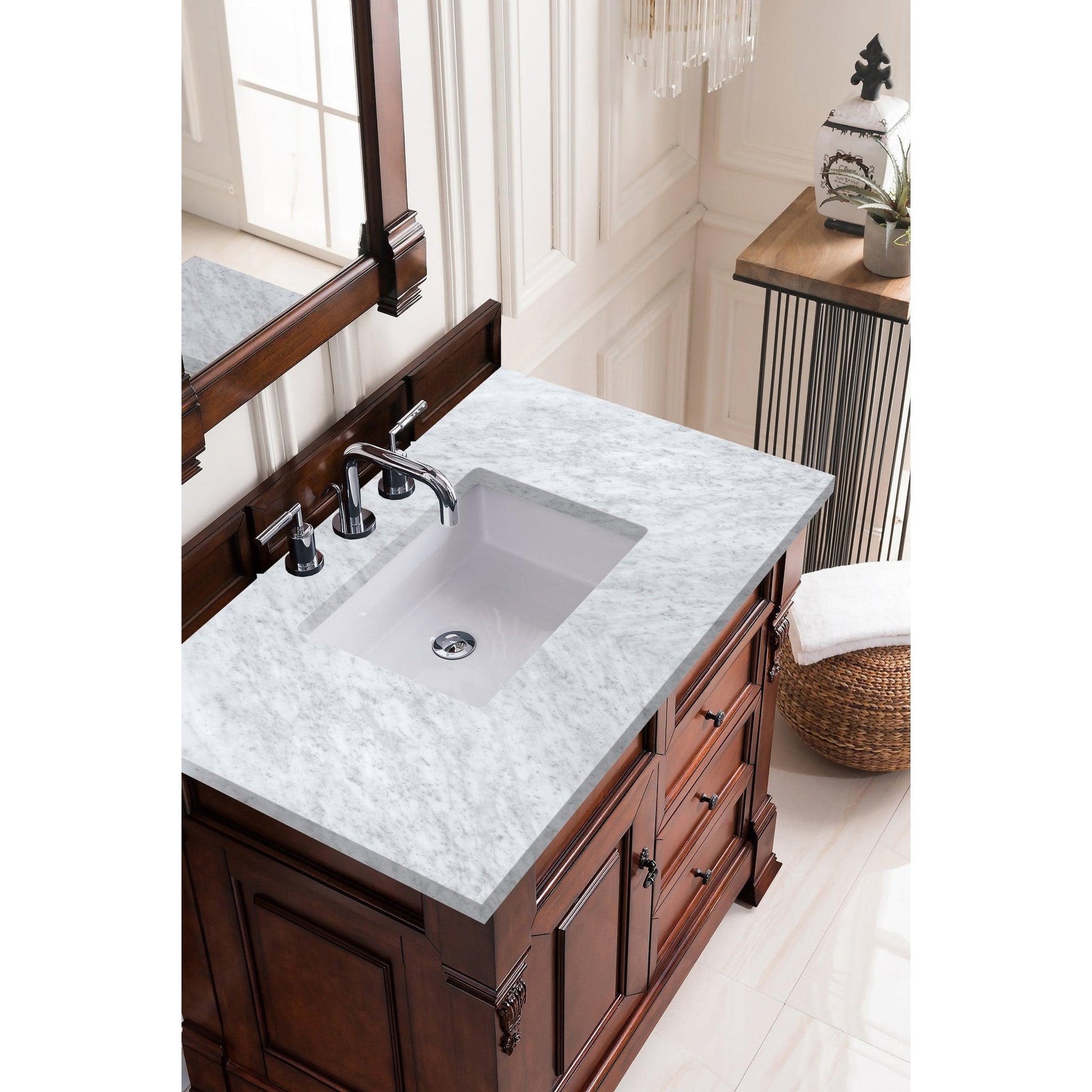 James Martin Vanities Brookfield 36" Warm Cherry Single Vanity With 3cm Carrara Marble Top