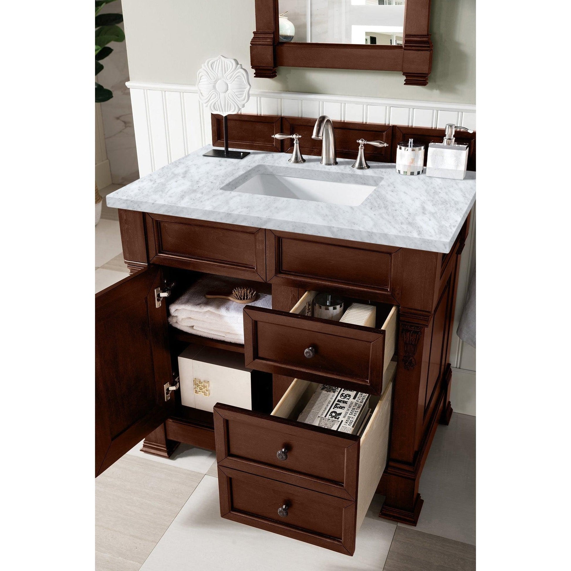 James Martin Vanities Brookfield 36" Warm Cherry Single Vanity With 3cm Carrara Marble Top