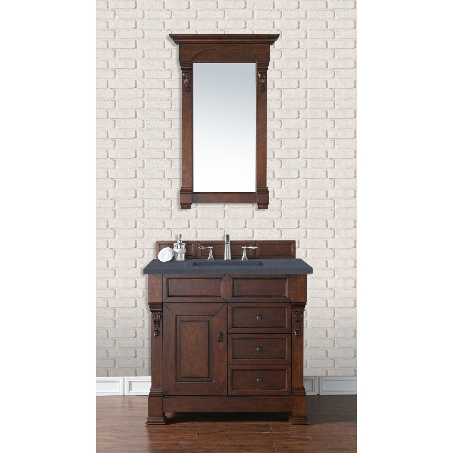 James Martin Vanities Brookfield 36" Warm Cherry Single Vanity With 3cm Charcoal Soapstone Quartz Top