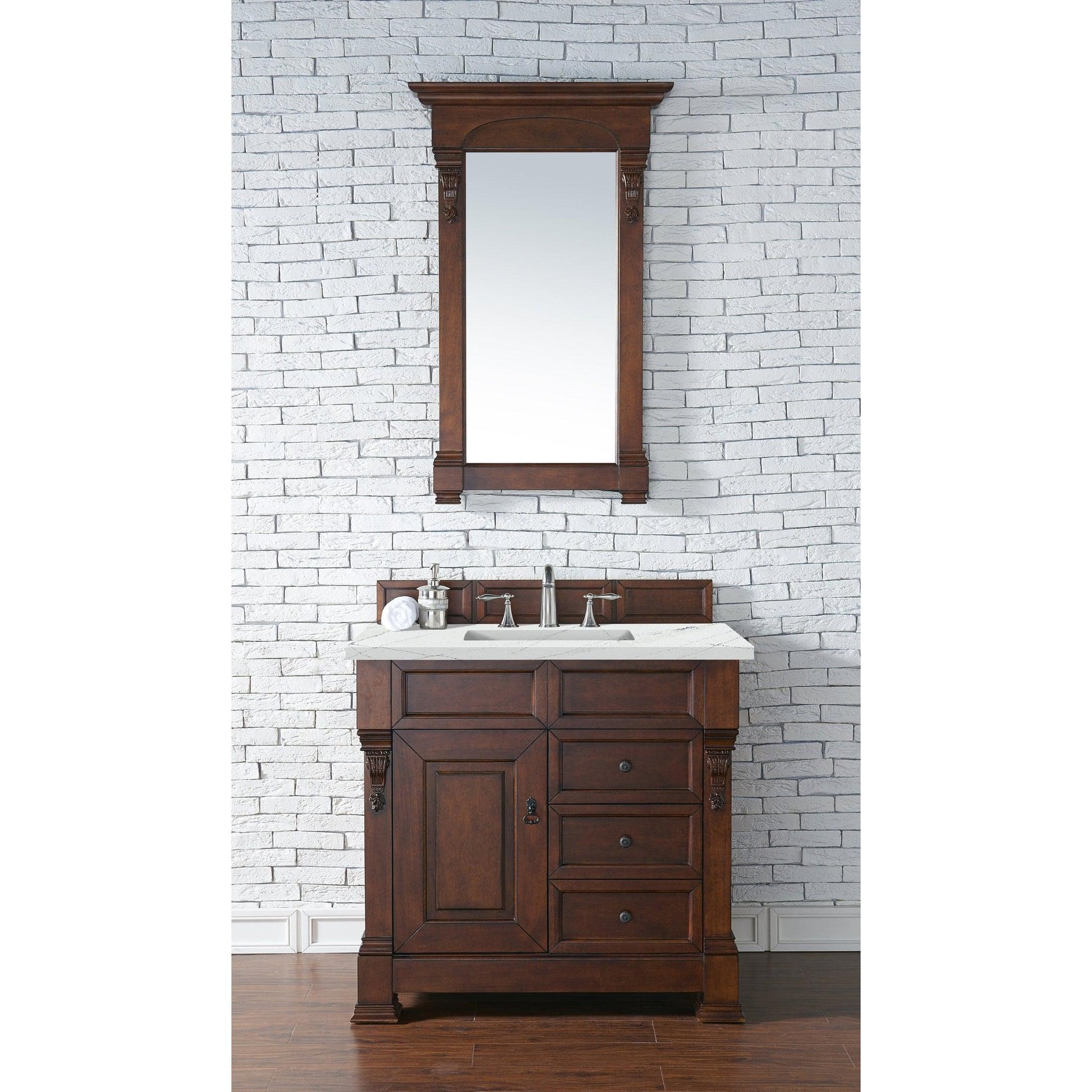 James Martin Vanities Brookfield 36" Warm Cherry Single Vanity With 3cm Ethereal Noctis Quartz Top