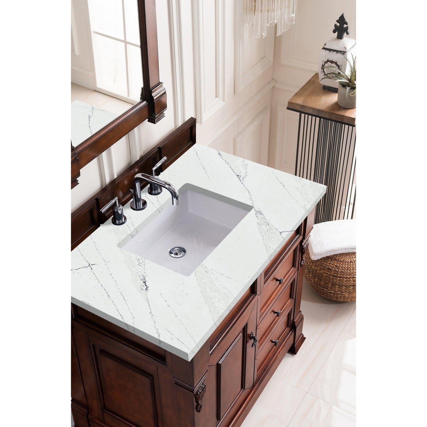 James Martin Vanities Brookfield 36" Warm Cherry Single Vanity With 3cm Ethereal Noctis Quartz Top