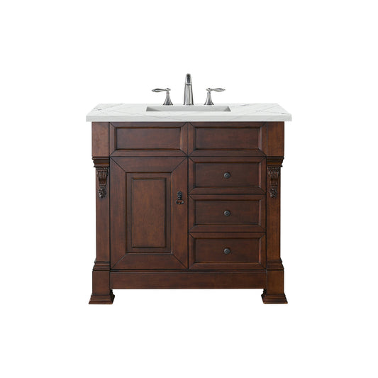 James Martin Vanities Brookfield 36" Warm Cherry Single Vanity With 3cm Ethereal Noctis Quartz Top