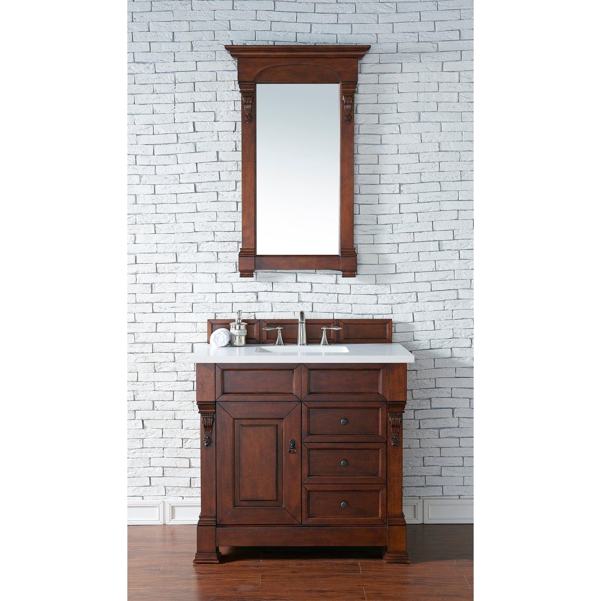 James Martin Vanities Brookfield 36" Warm Cherry Single Vanity With 3cm White Zeus Quartz Top