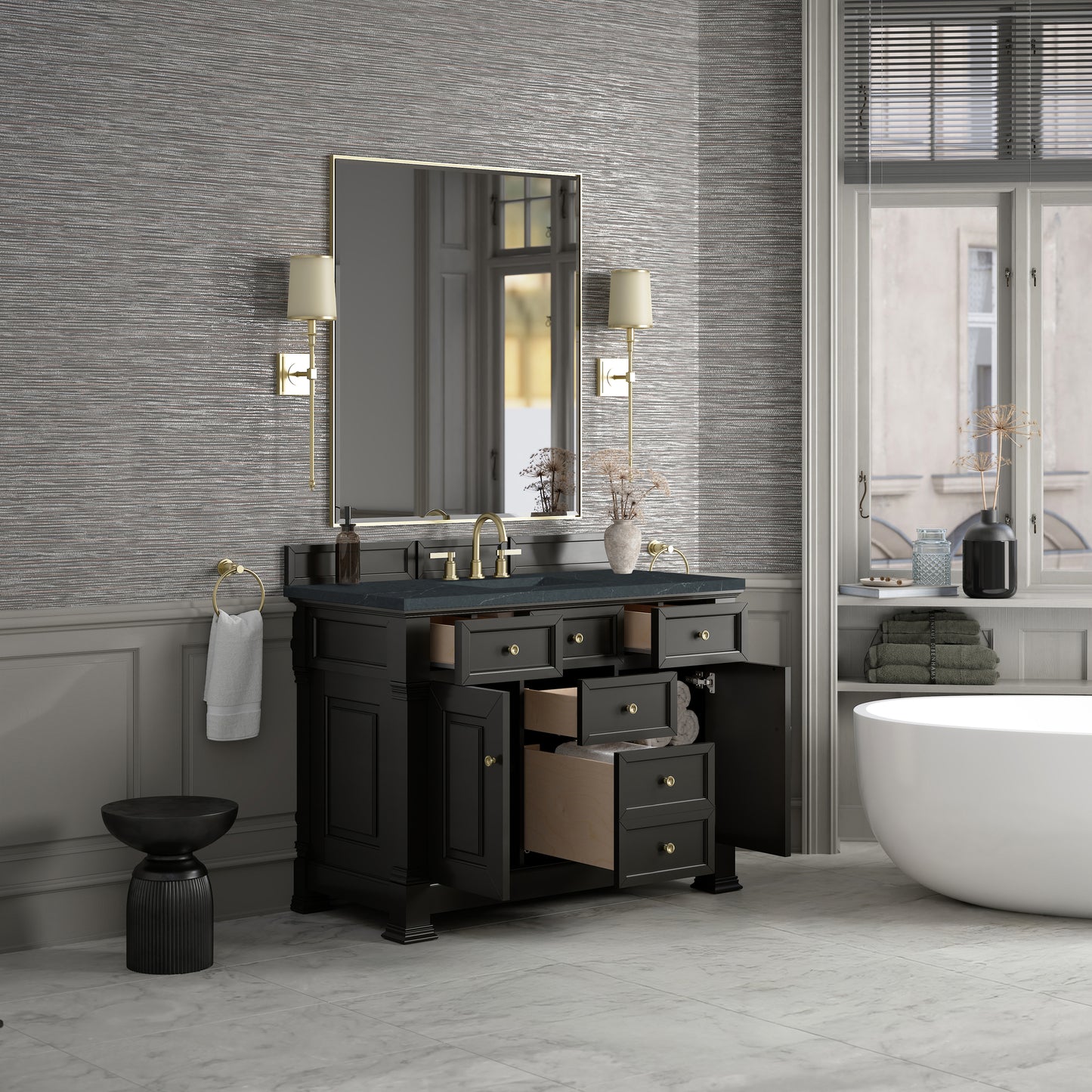 James Martin Vanities Brookfield 48" Black Onyx Single Vanity With 3cm Charcoal Soapstone Silestone Top