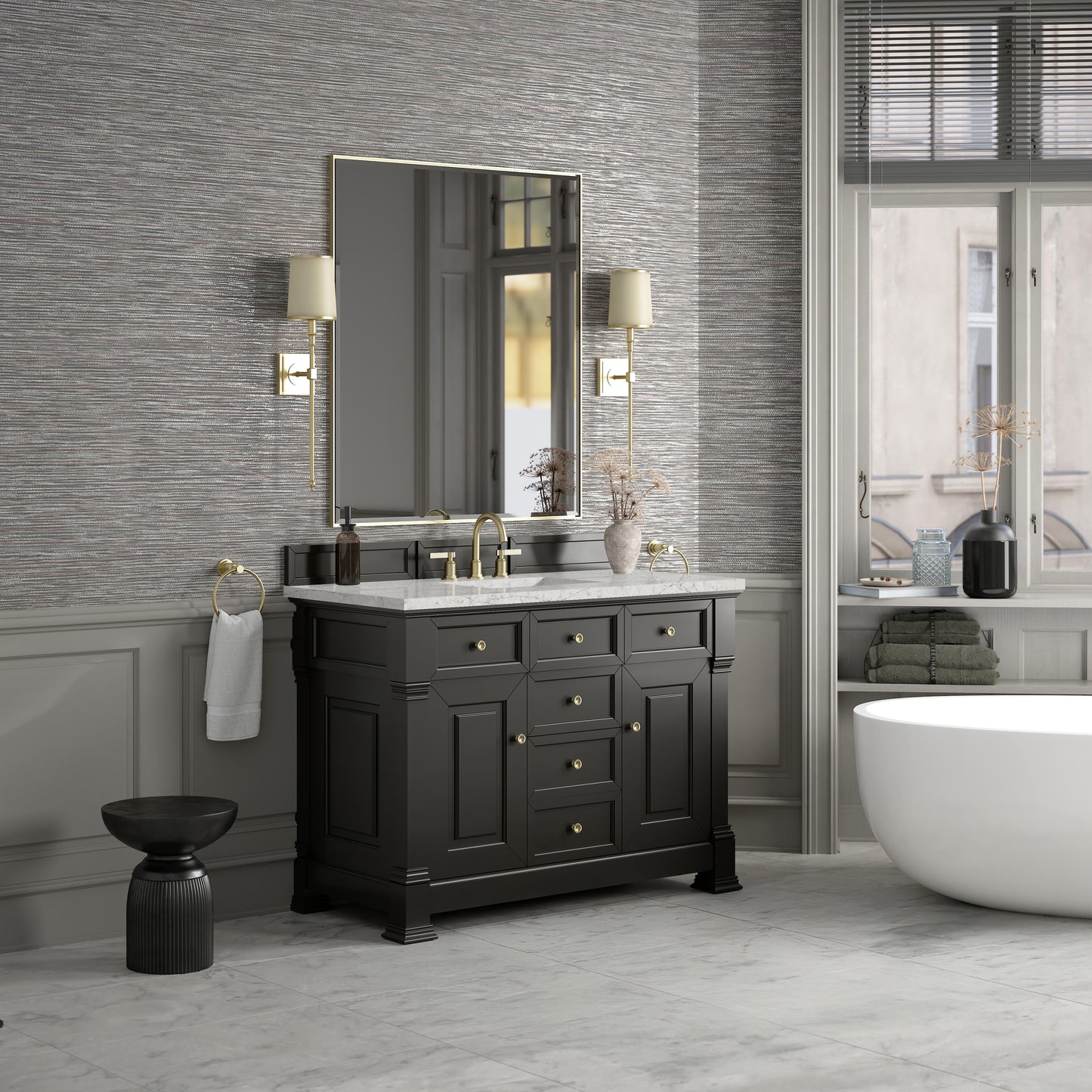 James Martin Vanities Brookfield 48" Black Onyx Single Vanity With 3cm Eternal Jasmine Pearl Silestone Top