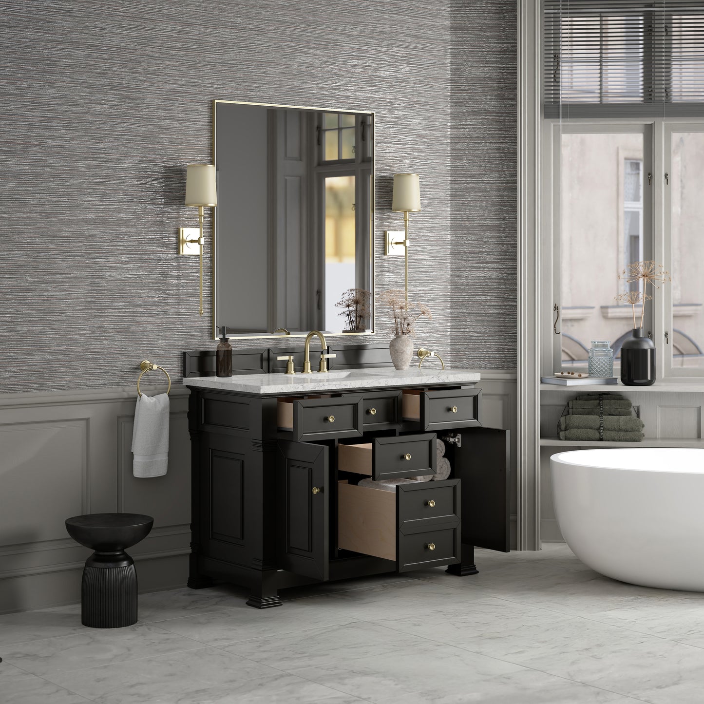 James Martin Vanities Brookfield 48" Black Onyx Single Vanity With 3cm Eternal Jasmine Pearl Silestone Top With FreePower Wireless Charger