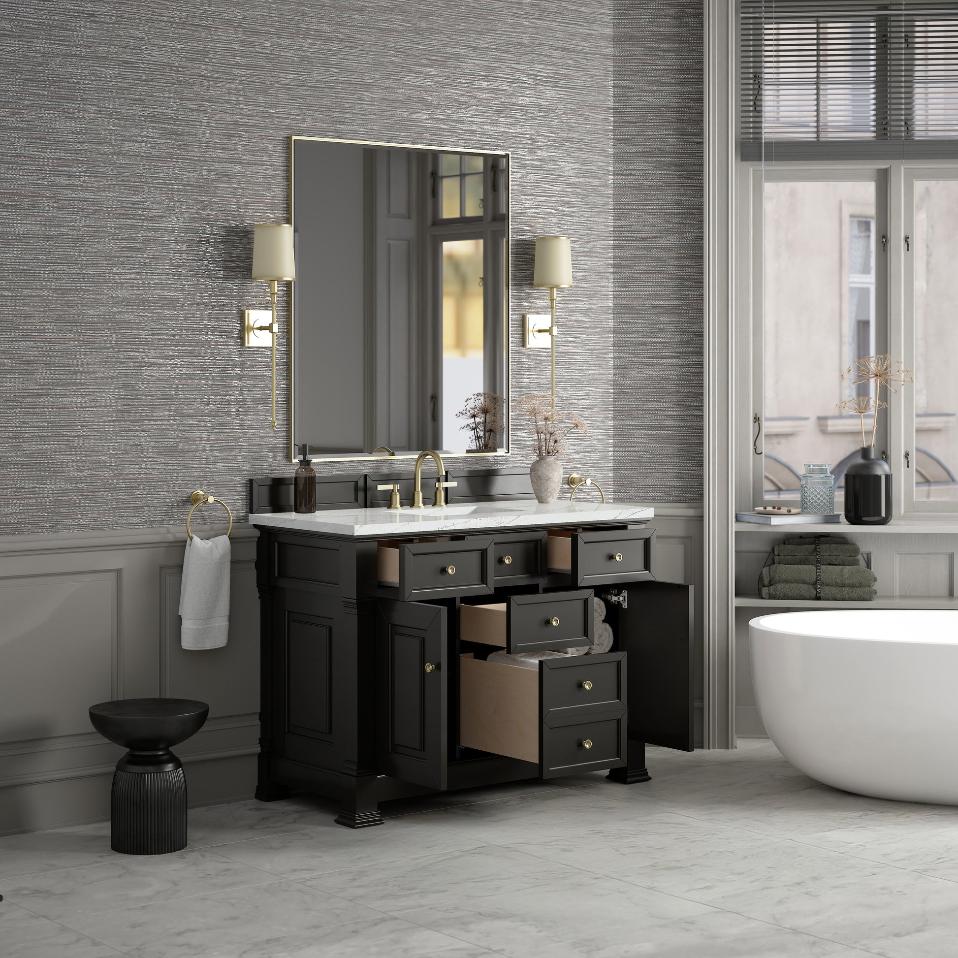 James Martin Vanities Brookfield 48" Black Onyx Single Vanity With 3cm Ethereal Noctis Silestone Top With FreePower Wireless Charger