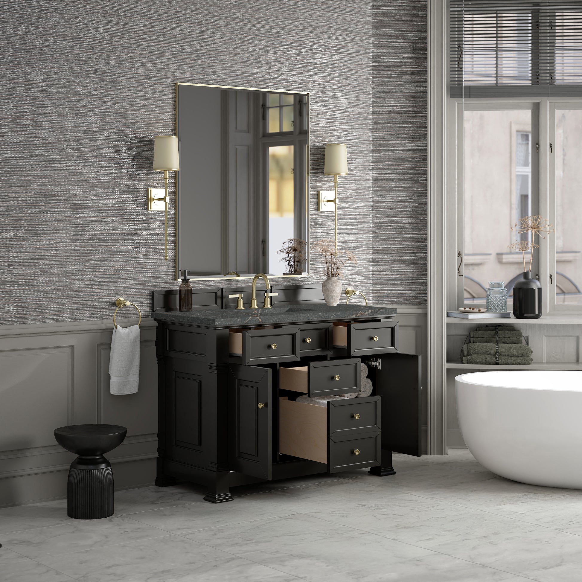 James Martin Vanities Brookfield 48" Black Onyx Single Vanity With 3cm Parisien Bleu Silestone Top