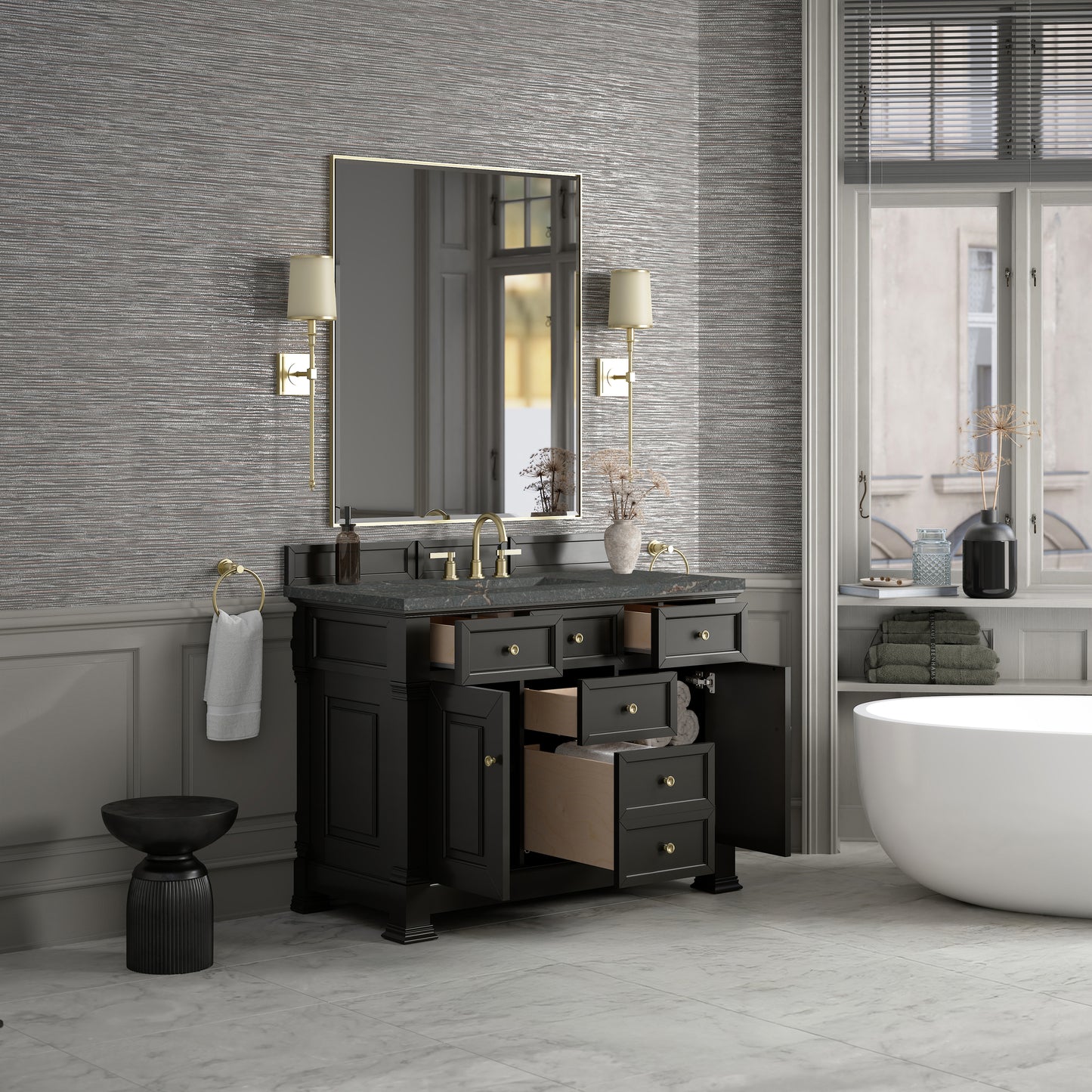 James Martin Vanities Brookfield 48" Black Onyx Single Vanity With 3cm Parisien Bleu Silestone Top With FreePower Wireless Charger