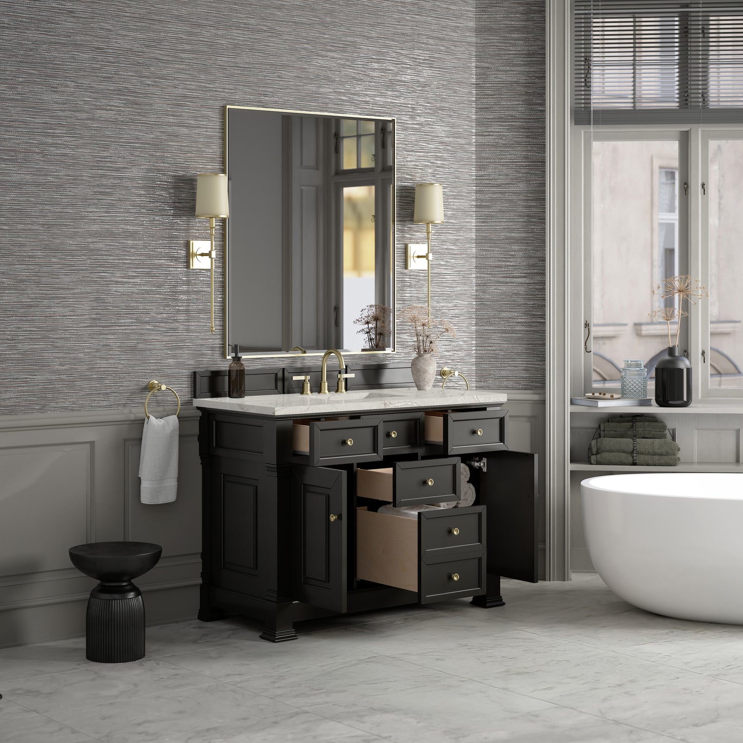 James Martin Vanities Brookfield 48" Black Onyx Single Vanity With 3cm Victorian Silver Silestone Top