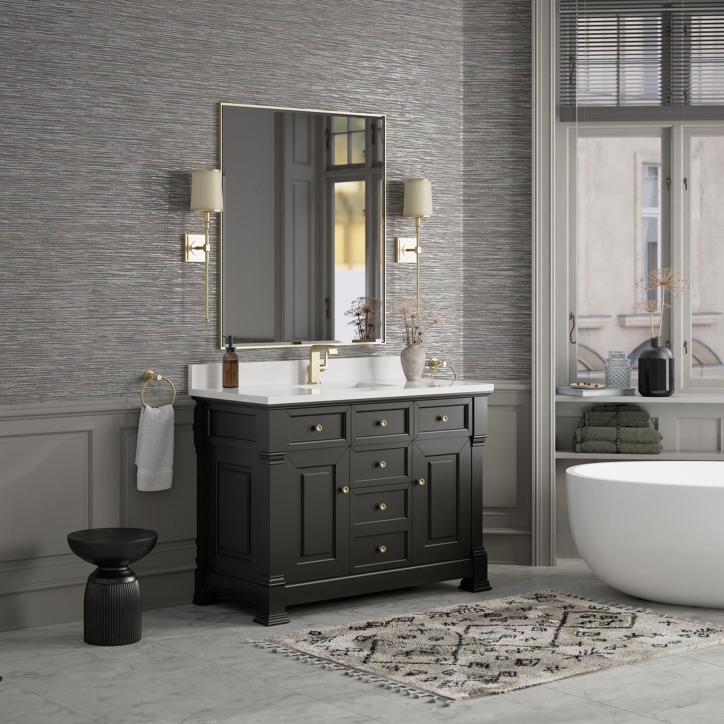 James Martin Vanities Brookfield 48" Black Onyx Single Vanity With Single Hole 3cm White Zeus Silestone Top and Backsplash