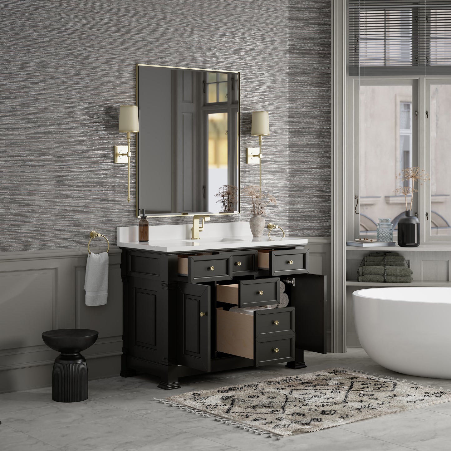 James Martin Vanities Brookfield 48" Black Onyx Single Vanity With Single Hole 3cm White Zeus Silestone Top and Backsplash