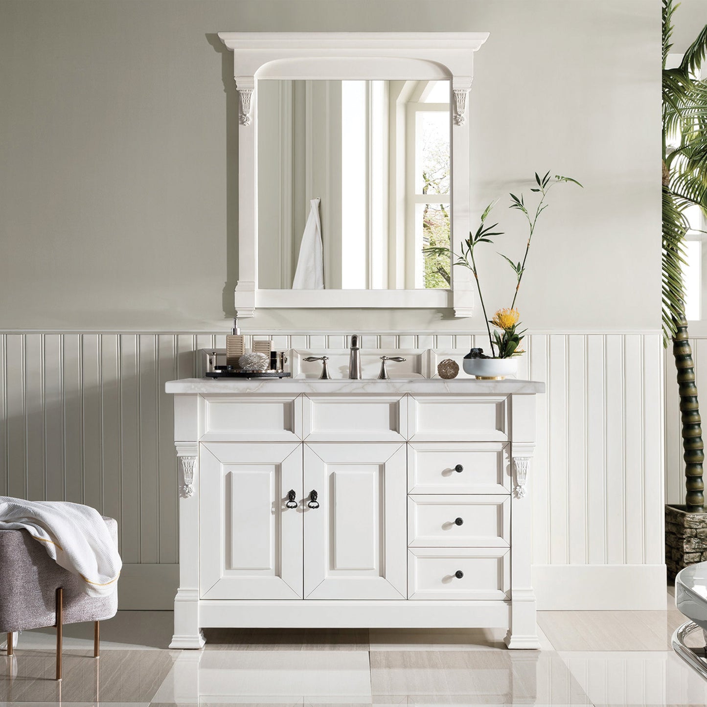 James Martin Vanities Brookfield 48" Bright White Single Vanity With 3 cm Victorian Silver Quartz Top