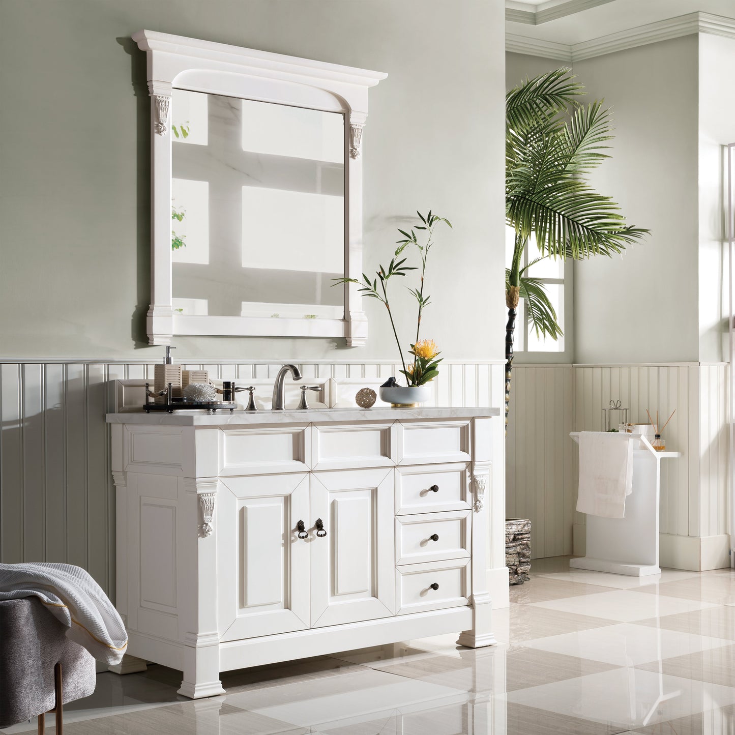 James Martin Vanities Brookfield 48" Bright White Single Vanity With 3 cm Victorian Silver Quartz Top