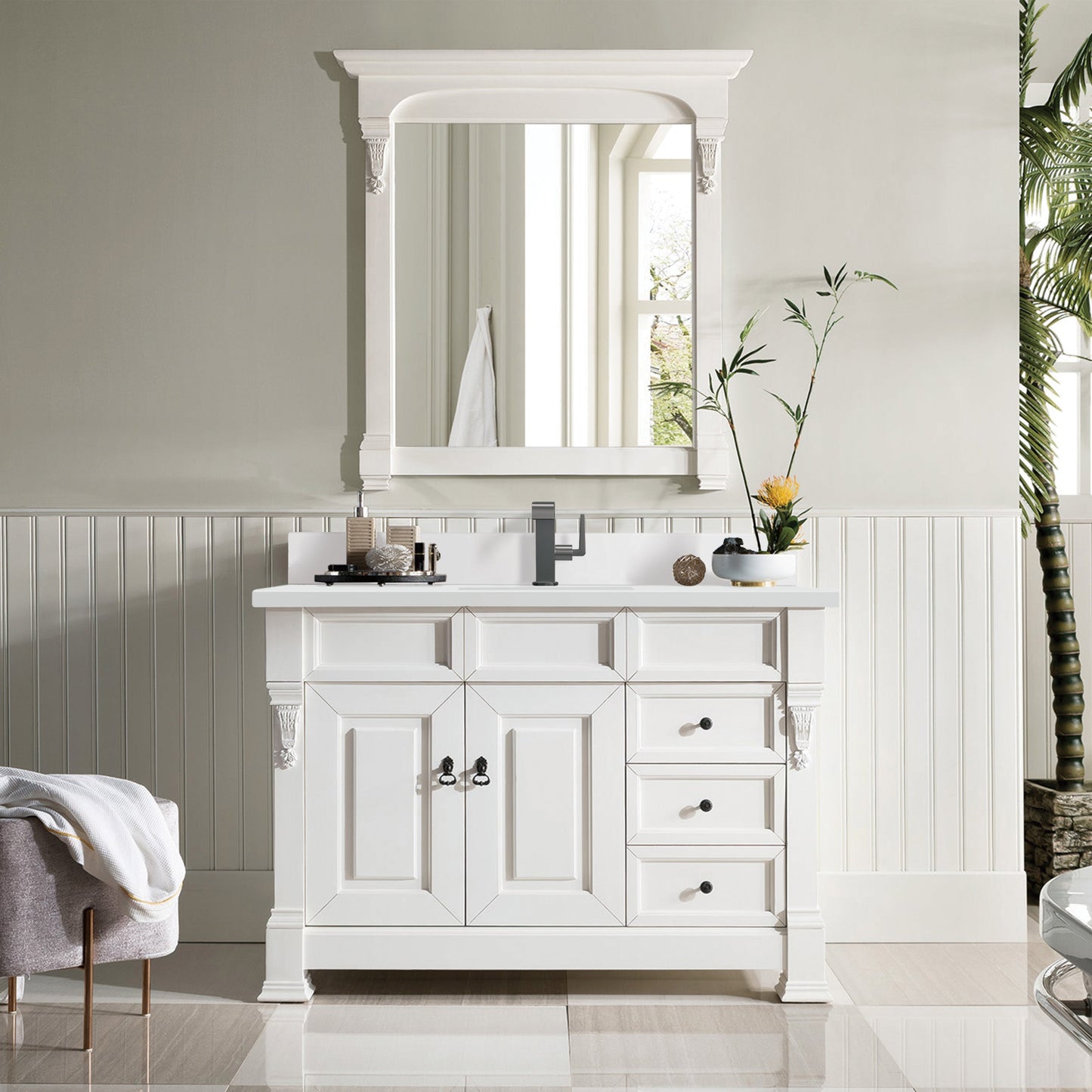 James Martin Vanities Brookfield 48" Bright White Single Vanity With Single Hole 3 cm White Zeus Quartz Top & Backsplash