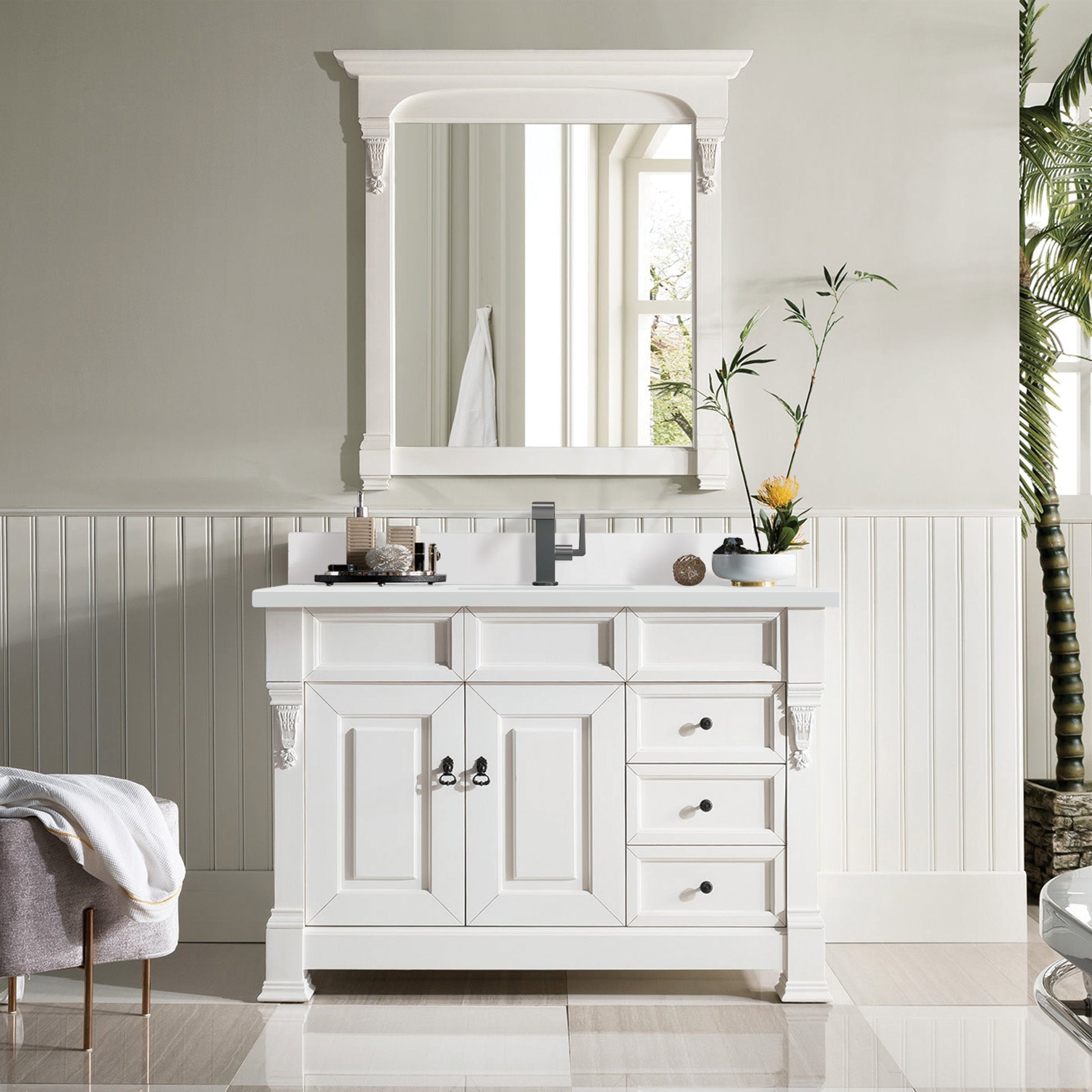 James Martin Vanities Brookfield 48" Bright White Single Vanity With Single Hole 3 cm White Zeus Quartz Top & Backsplash