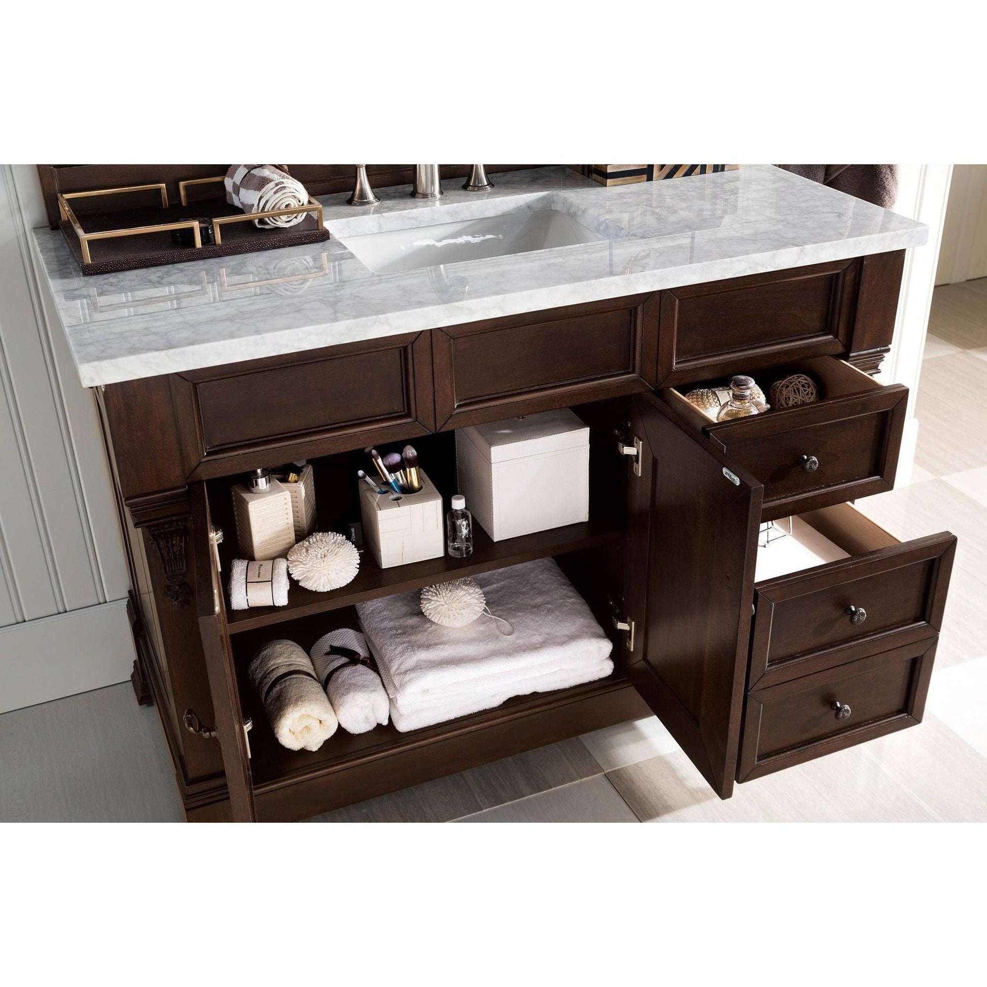 James Martin Vanities Brookfield 48" Burnished Mahogany Single Vanity With 3cm Carrara Marble Top