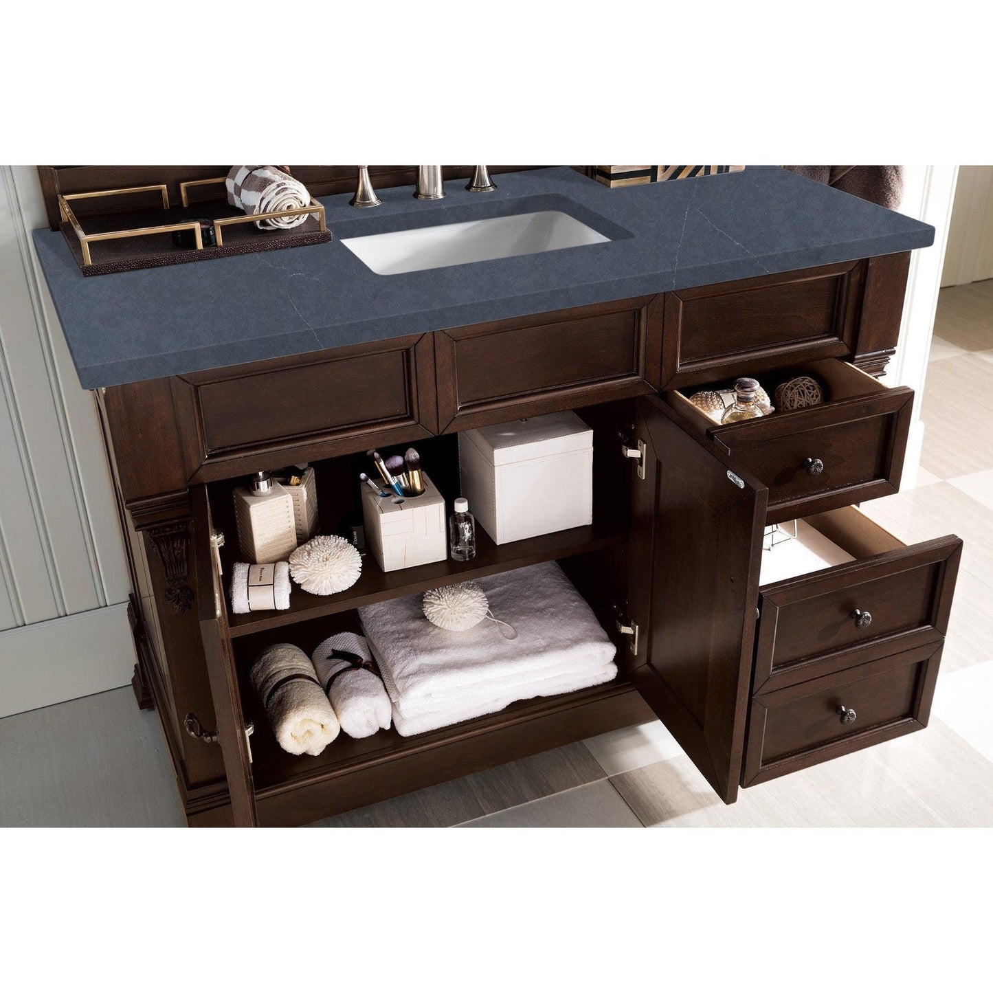 James Martin Vanities Brookfield 48" Burnished Mahogany Single Vanity With 3cm Charcoal Soapstone Quartz Top