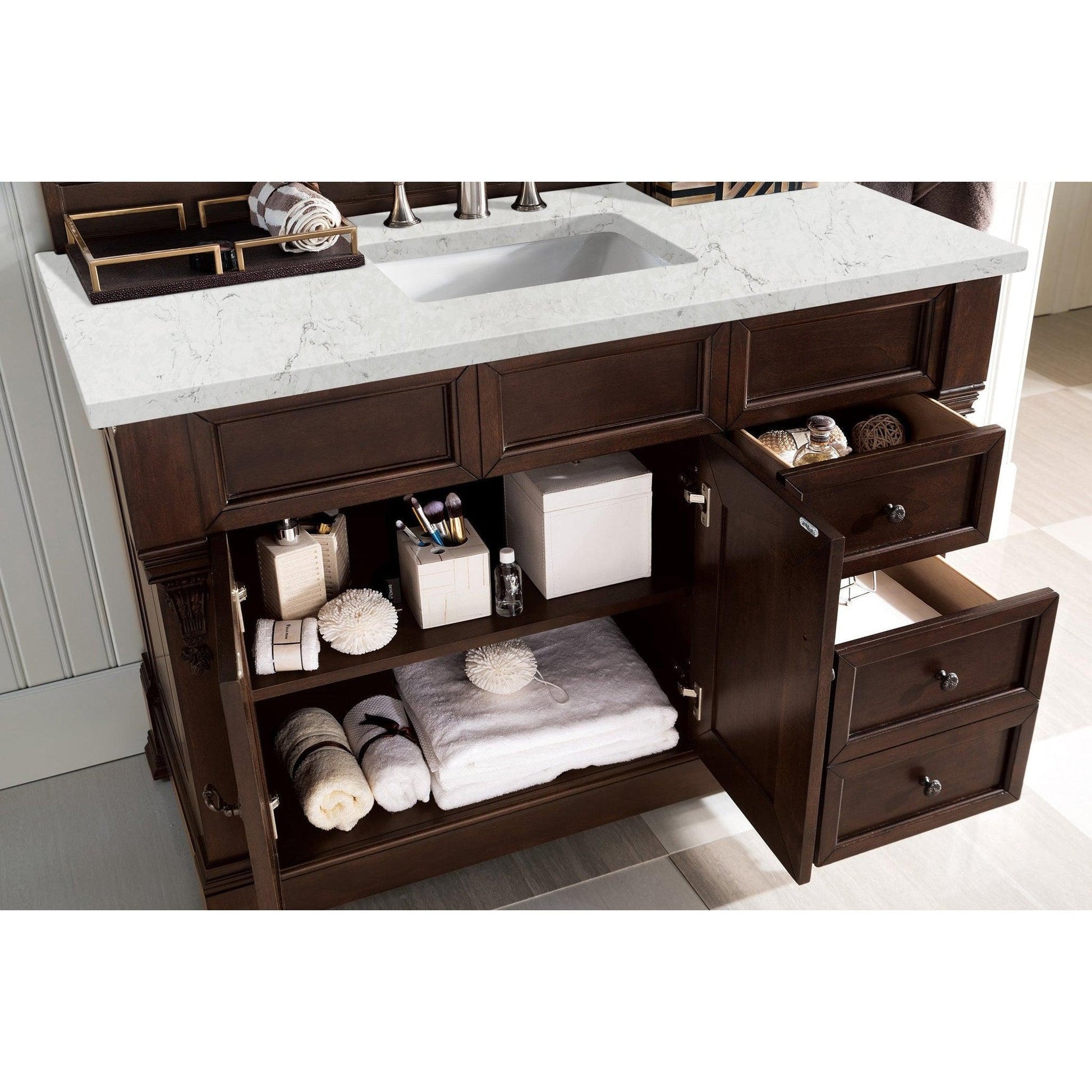 James Martin Vanities Brookfield 48" Burnished Mahogany Single Vanity With 3cm Eternal Jasmine Pearl Quartz Top