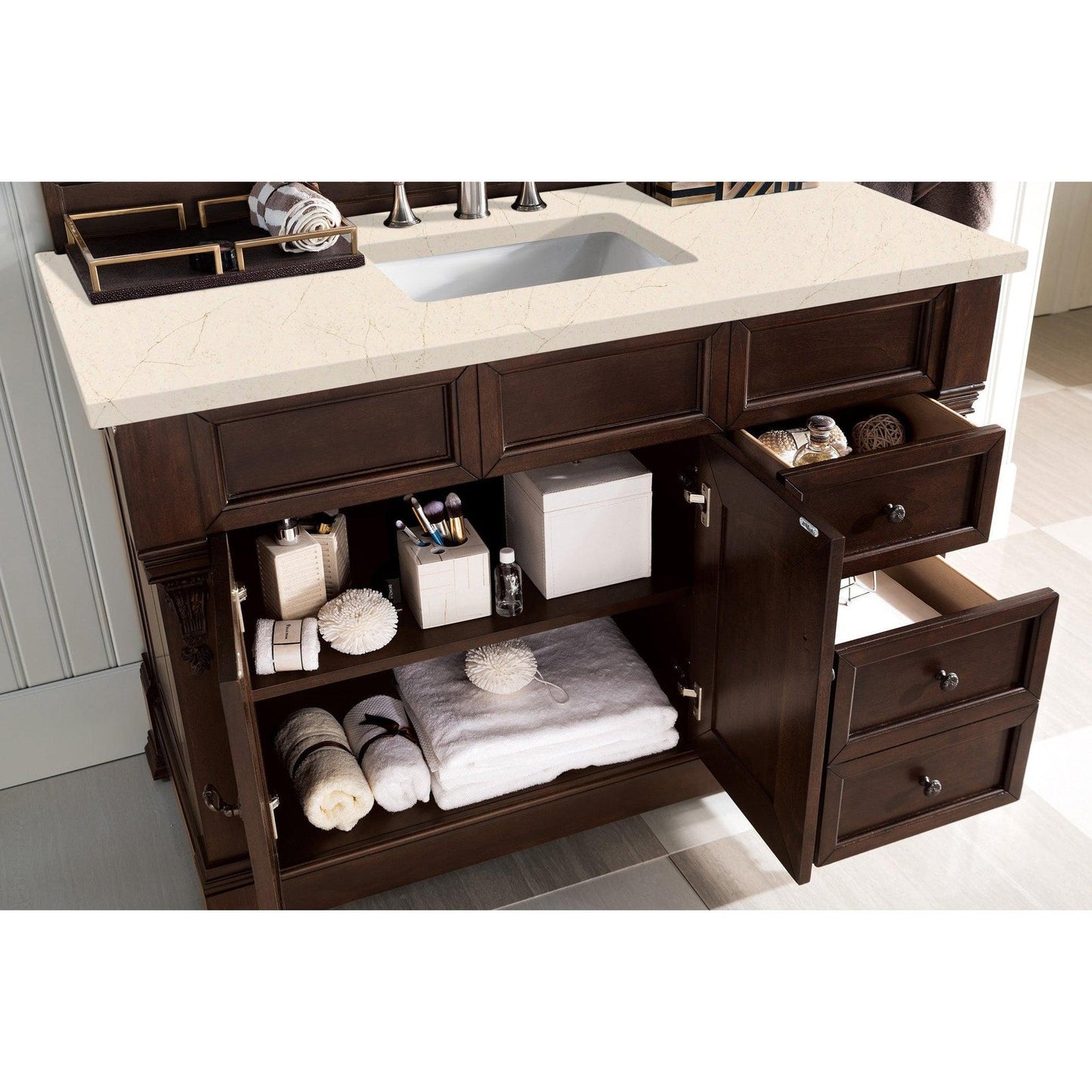 James Martin Vanities Brookfield 48" Burnished Mahogany Single Vanity With 3cm Eternal Marfil Quartz Top