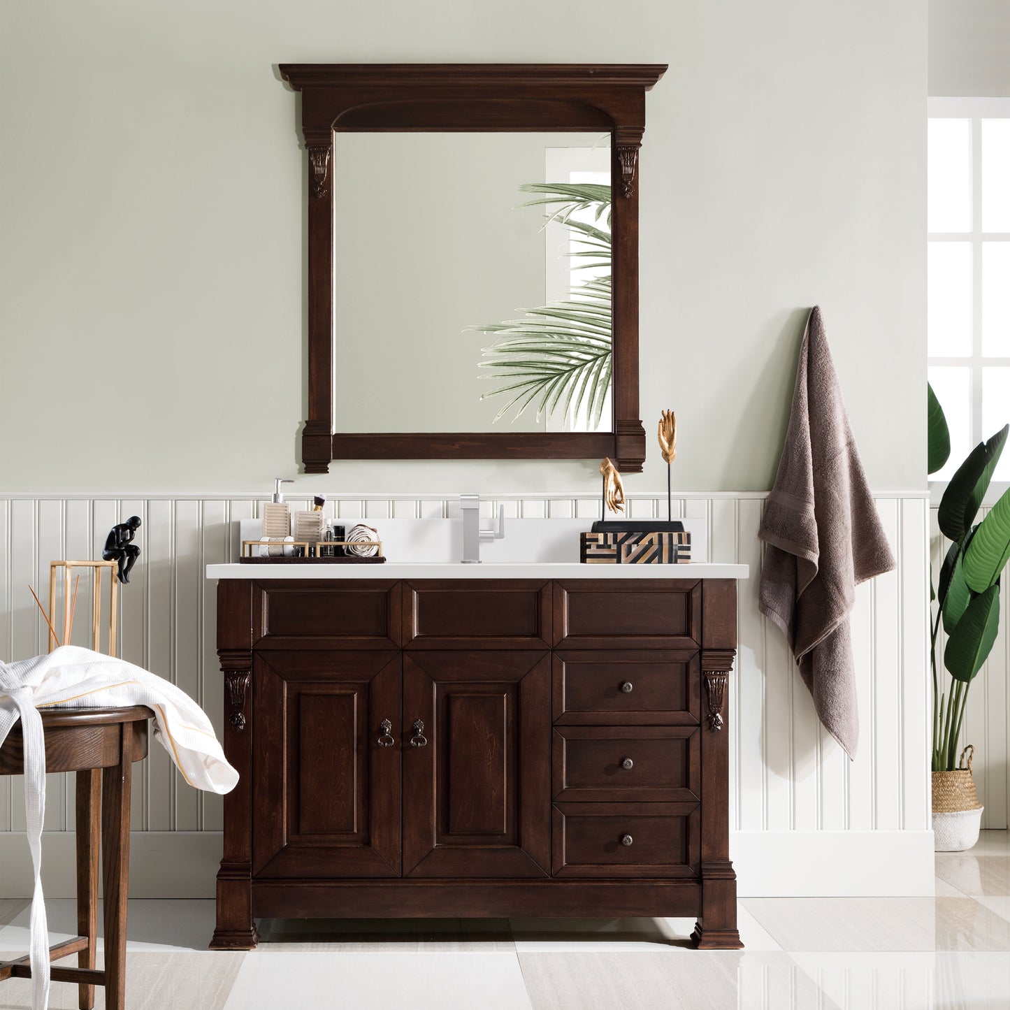 James Martin Vanities Brookfield 48" Burnished Mahogany Single Vanity With Single Hole 3 cm White Zeus Quartz Top & Backsplash