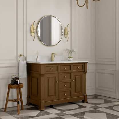 James Martin Vanities Brookfield 48" Honey Oak Single Vanity With Single Hole 3cm White Zeus Silestone Top and Backsplash