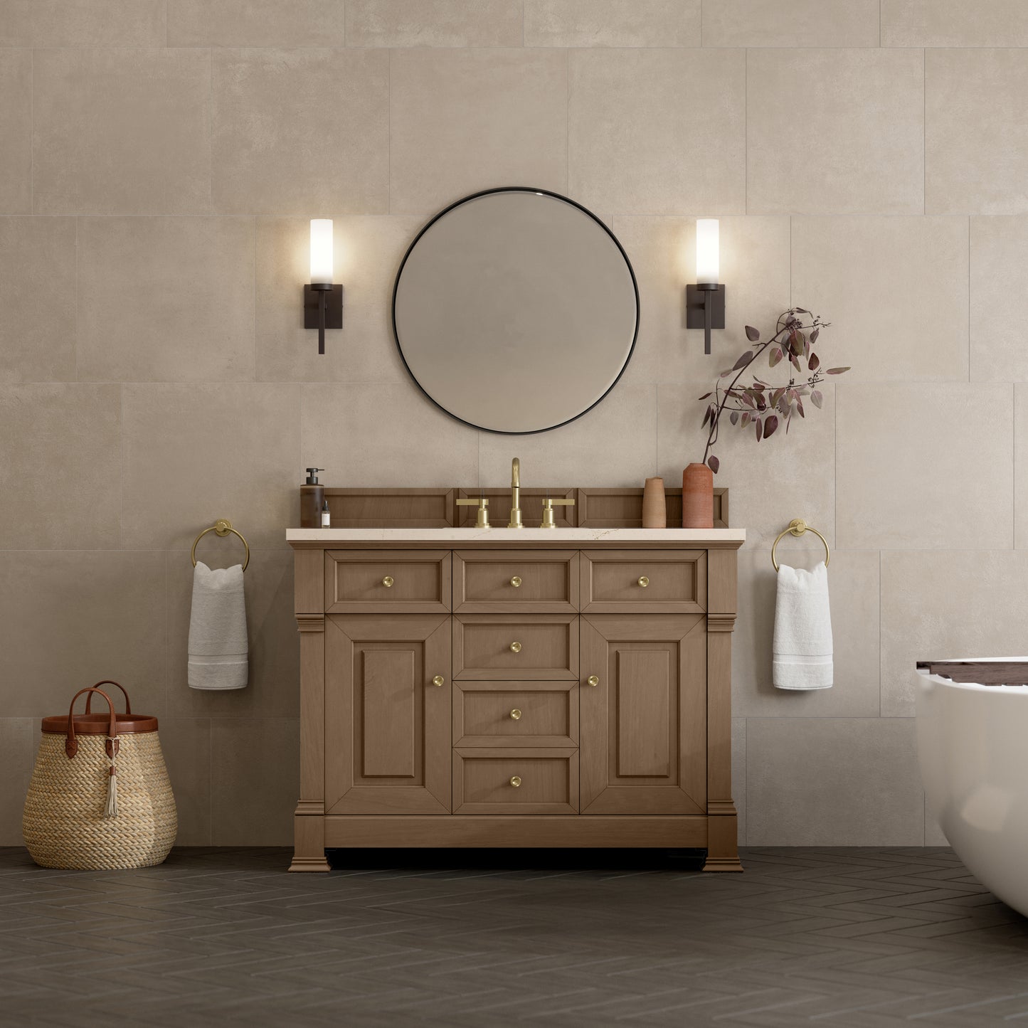 James Martin Vanities Brookfield 48" Pecan Single Vanity With 3cm Eternal Marfil Silestone Top