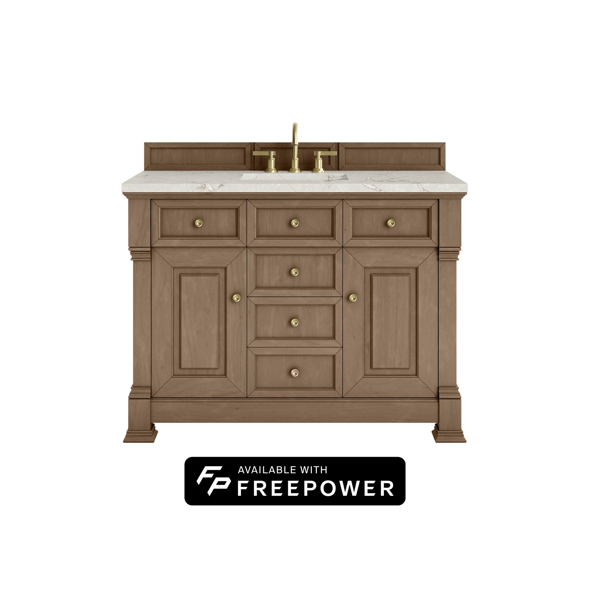 James Martin Vanities Brookfield 48" Pecan Single Vanity With 3cm Victorian Silver Silestone Top With FreePower Wireless Charger