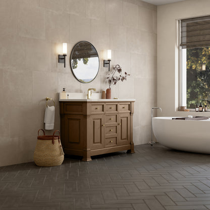 James Martin Vanities Brookfield 48" Pecan Single Vanity With Single Hole 3cm White Zeus Silestone Top and Backsplash