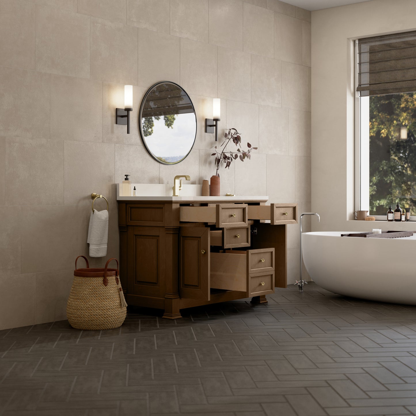 James Martin Vanities Brookfield 48" Pecan Single Vanity With Single Hole 3cm White Zeus Silestone Top and Backsplash