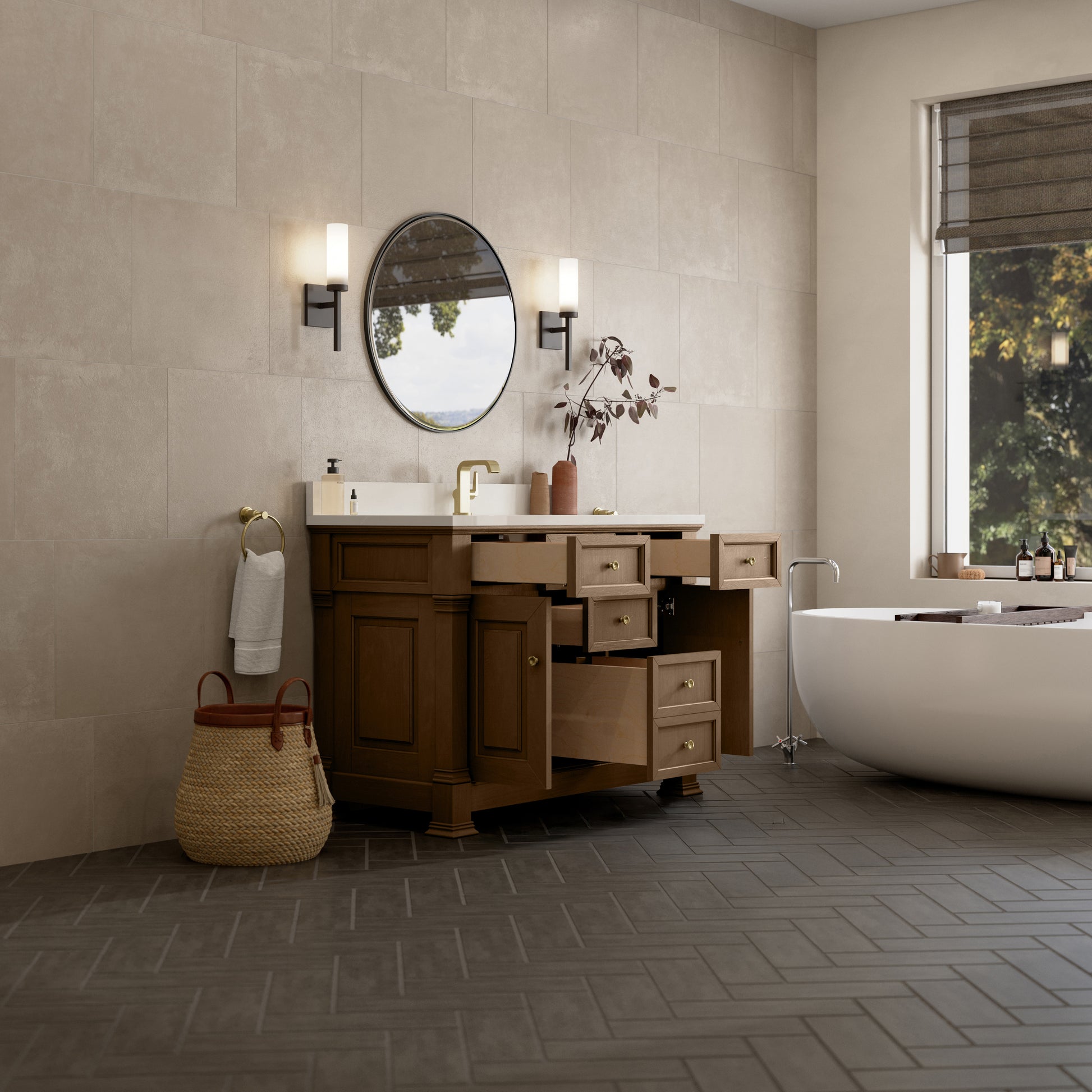 James Martin Vanities Brookfield 48" Pecan Single Vanity With Single Hole 3cm White Zeus Silestone Top and Backsplash