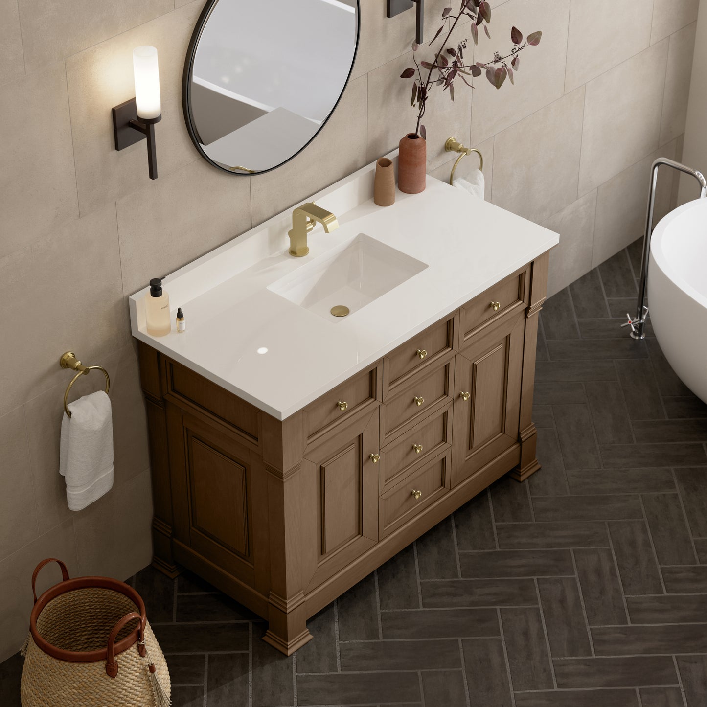 James Martin Vanities Brookfield 48" Pecan Single Vanity With Single Hole 3cm White Zeus Silestone Top and Backsplash