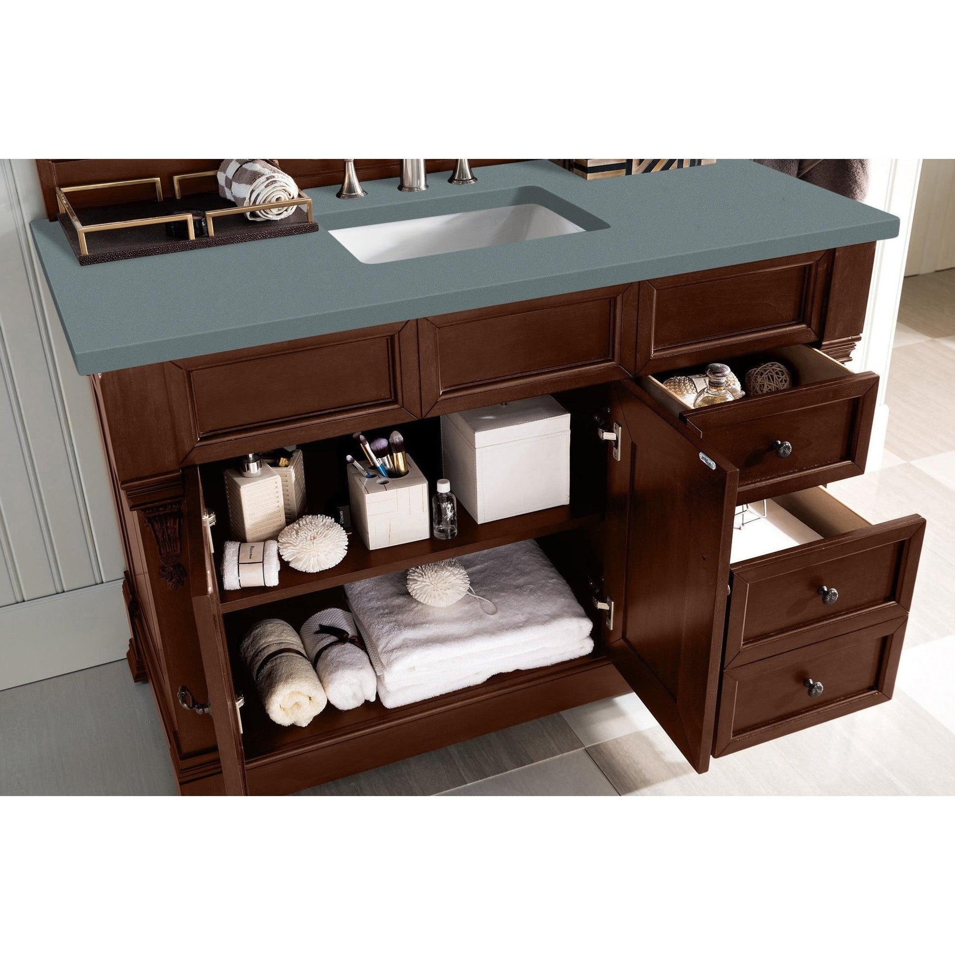 James Martin Vanities Brookfield 48" Warm Cherry Single Vanity With 3cm Cala Blue Quartz Top