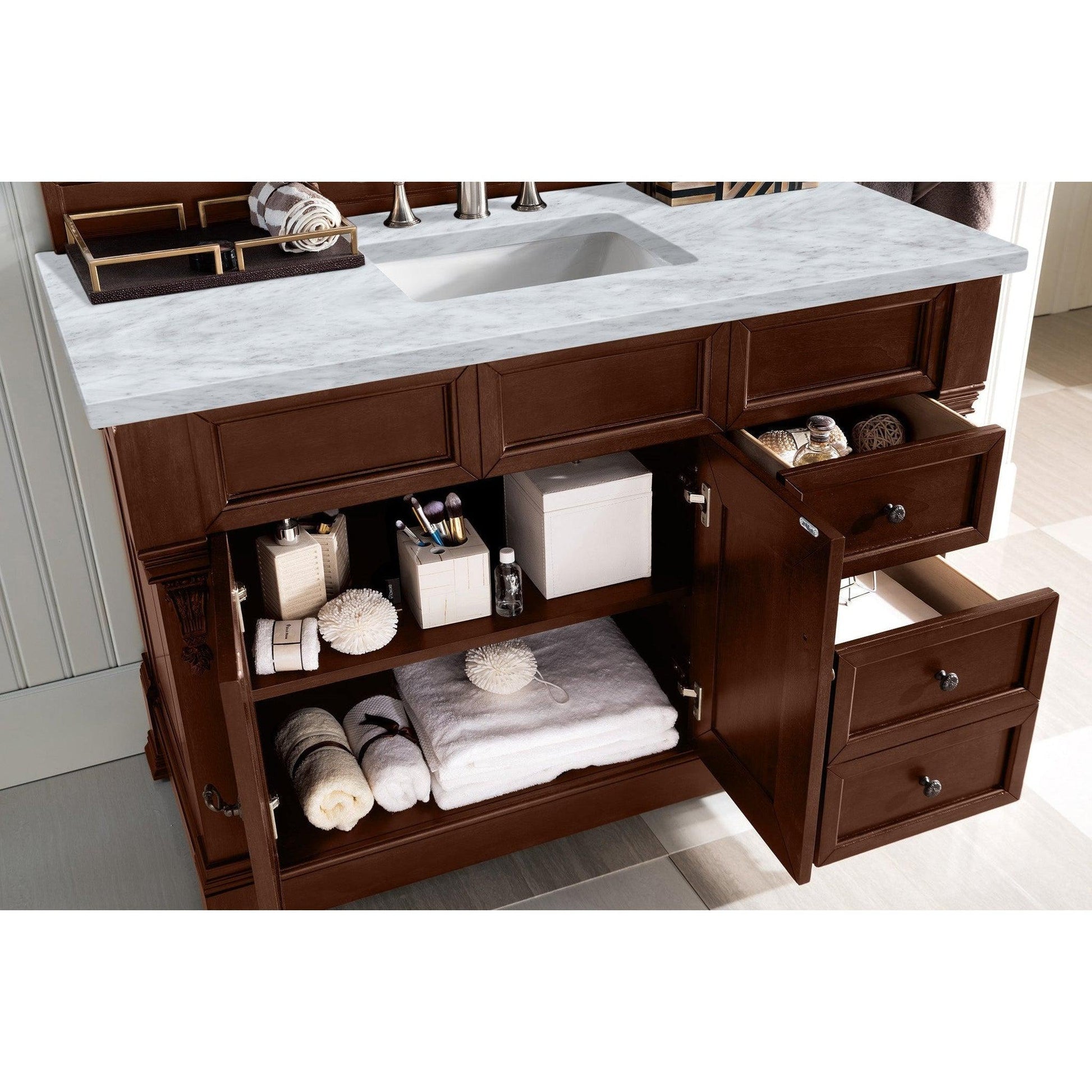 James Martin Vanities Brookfield 48" Warm Cherry Single Vanity With 3cm Carrara Marble Top