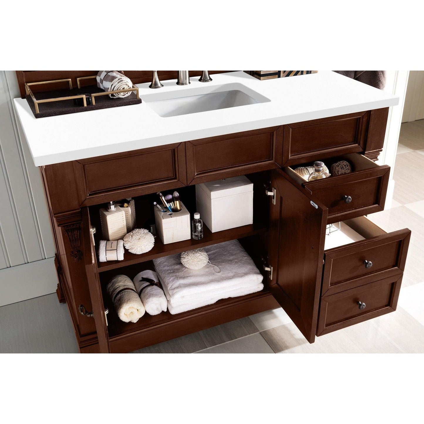 James Martin Vanities Brookfield 48" Warm Cherry Single Vanity With 3cm White Zeus Quartz Top