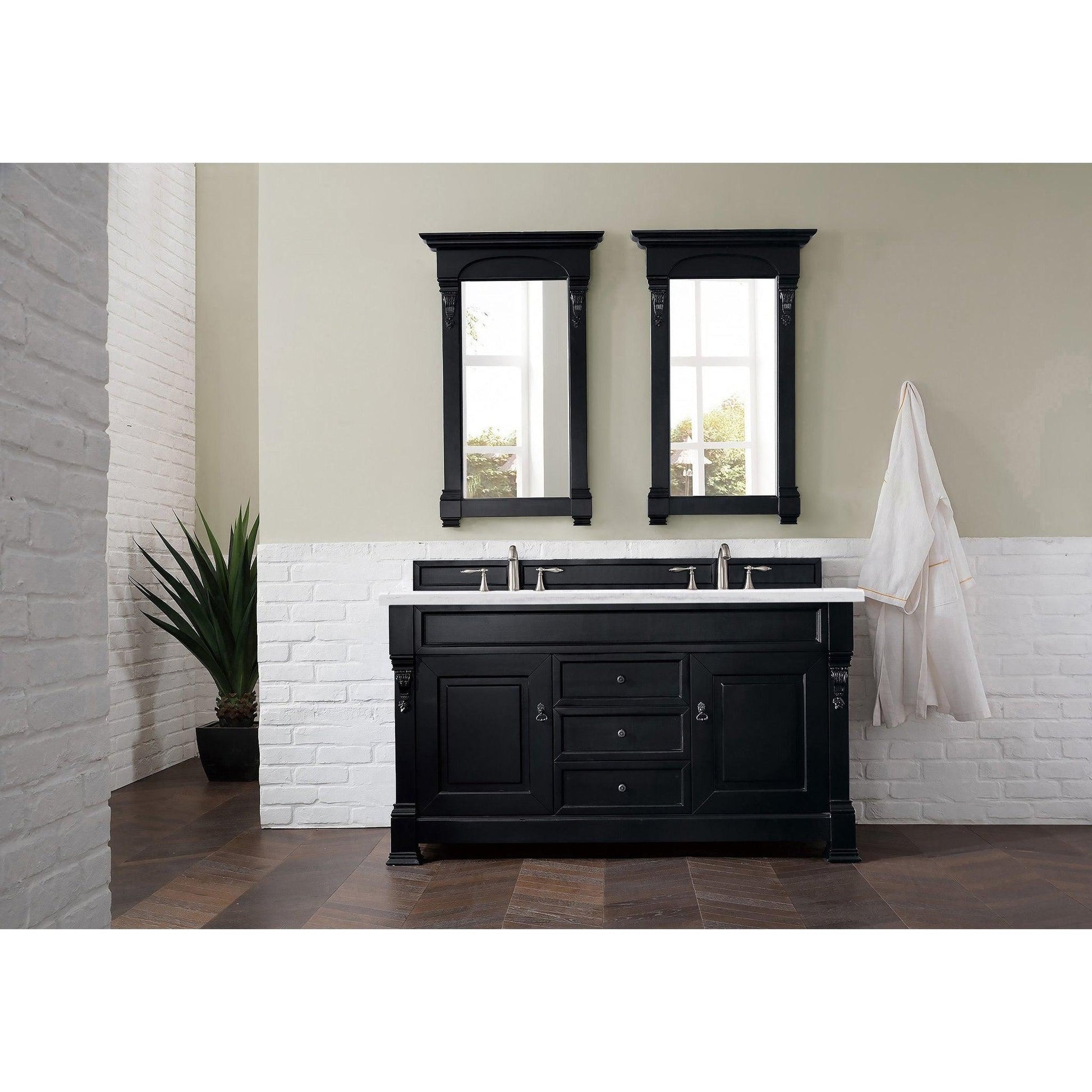 James Martin Vanities Brookfield 60" Antique Black Double Vanity With 3cm Arctic Fall Solid Surface Top