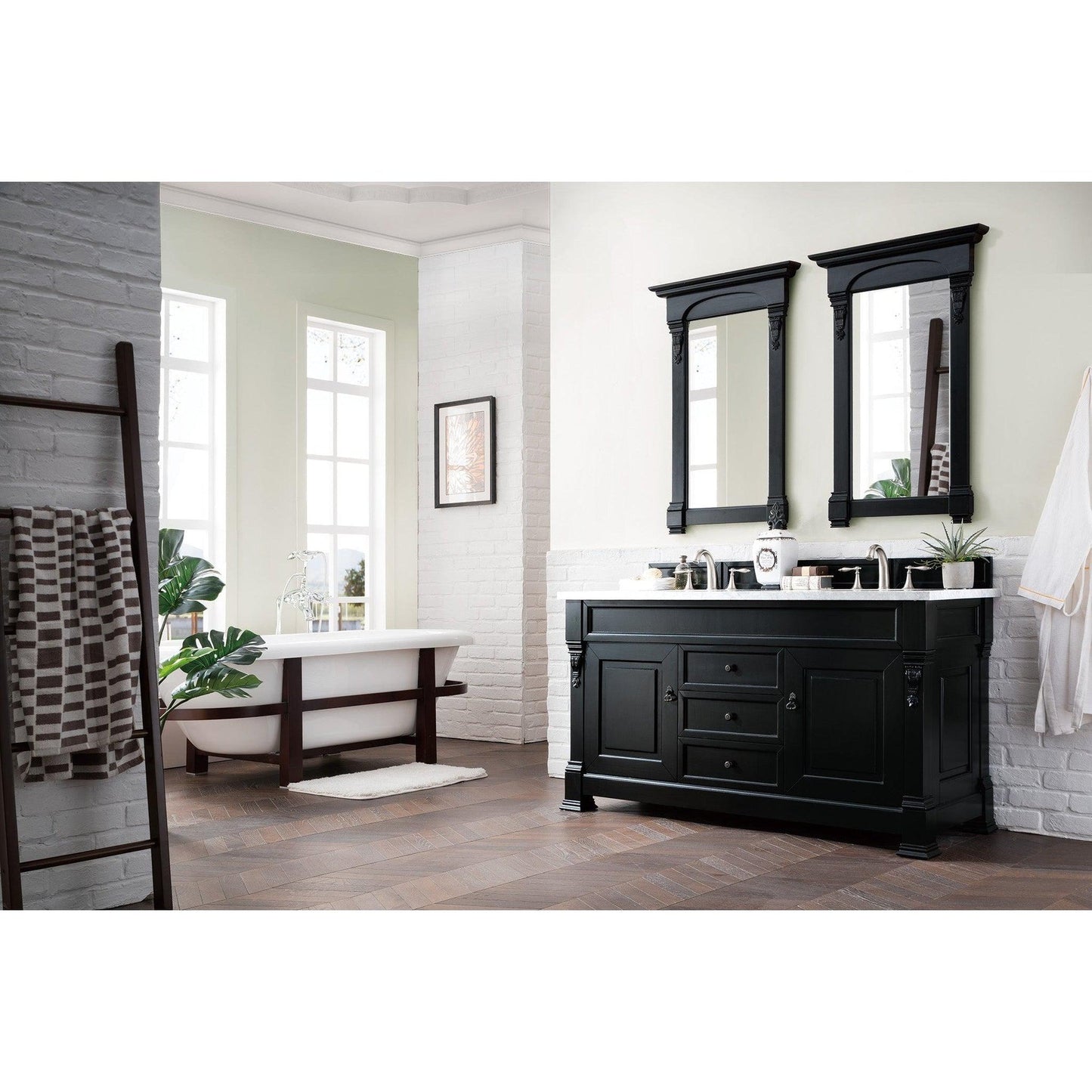 James Martin Vanities Brookfield 60" Antique Black Double Vanity With 3cm Carrara Marble Top