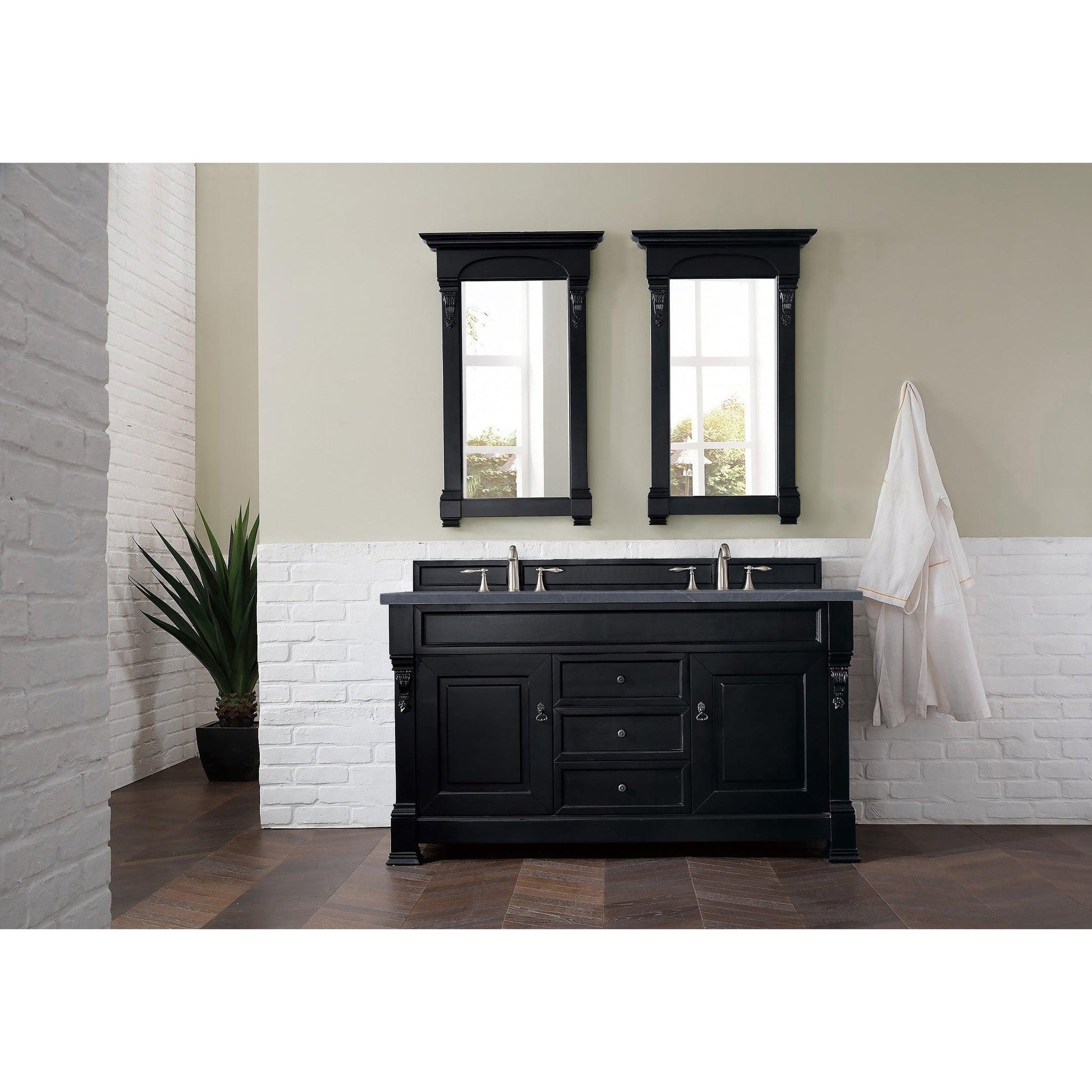 James Martin Vanities Brookfield 60" Antique Black Double Vanity With 3cm Charcoal Soapstone Quartz Top