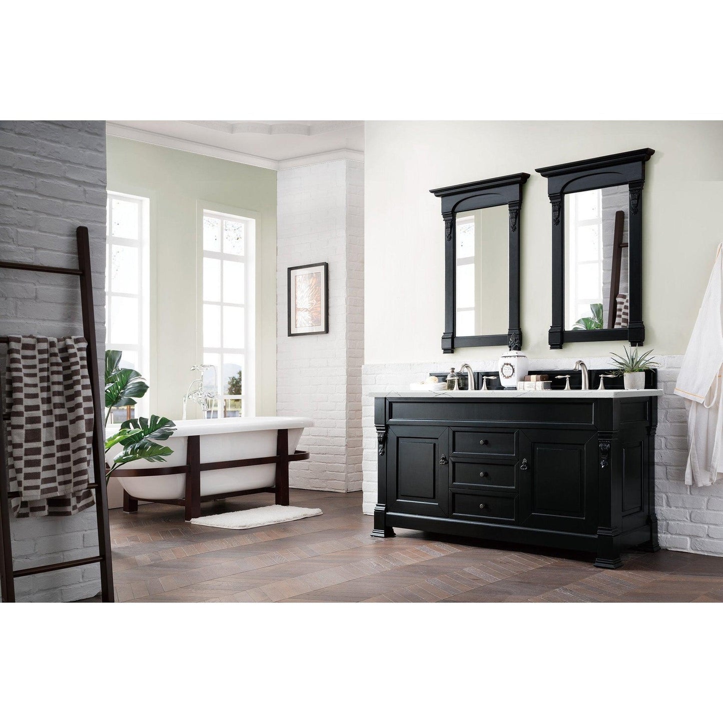 James Martin Vanities Brookfield 60" Antique Black Double Vanity With 3cm Ethereal Noctis Quartz Top