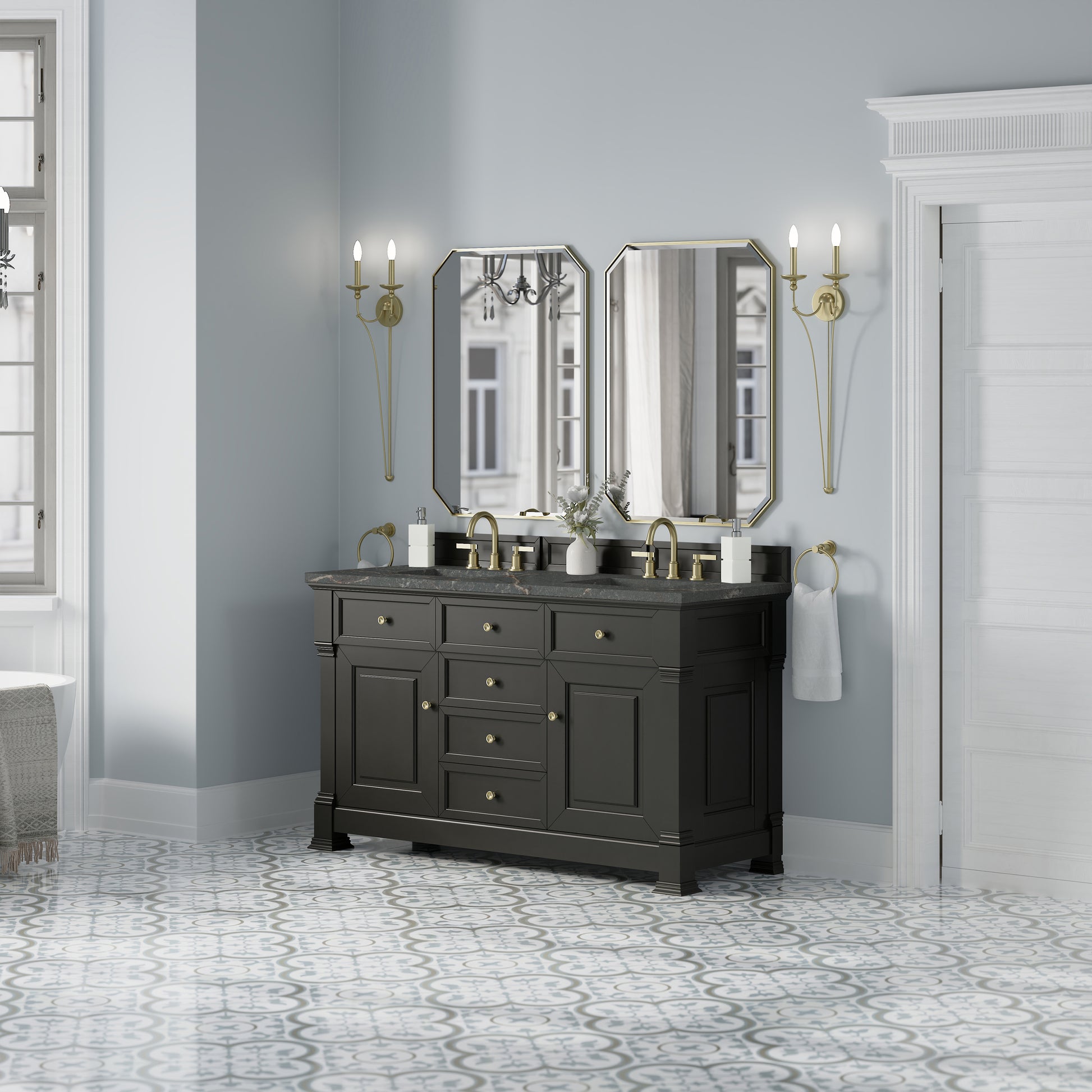 James Martin Vanities Brookfield 60" Black Onyx Double Vanity With 3 cm Parisien Bleu Silestone Top and FreePower Wireless Charger