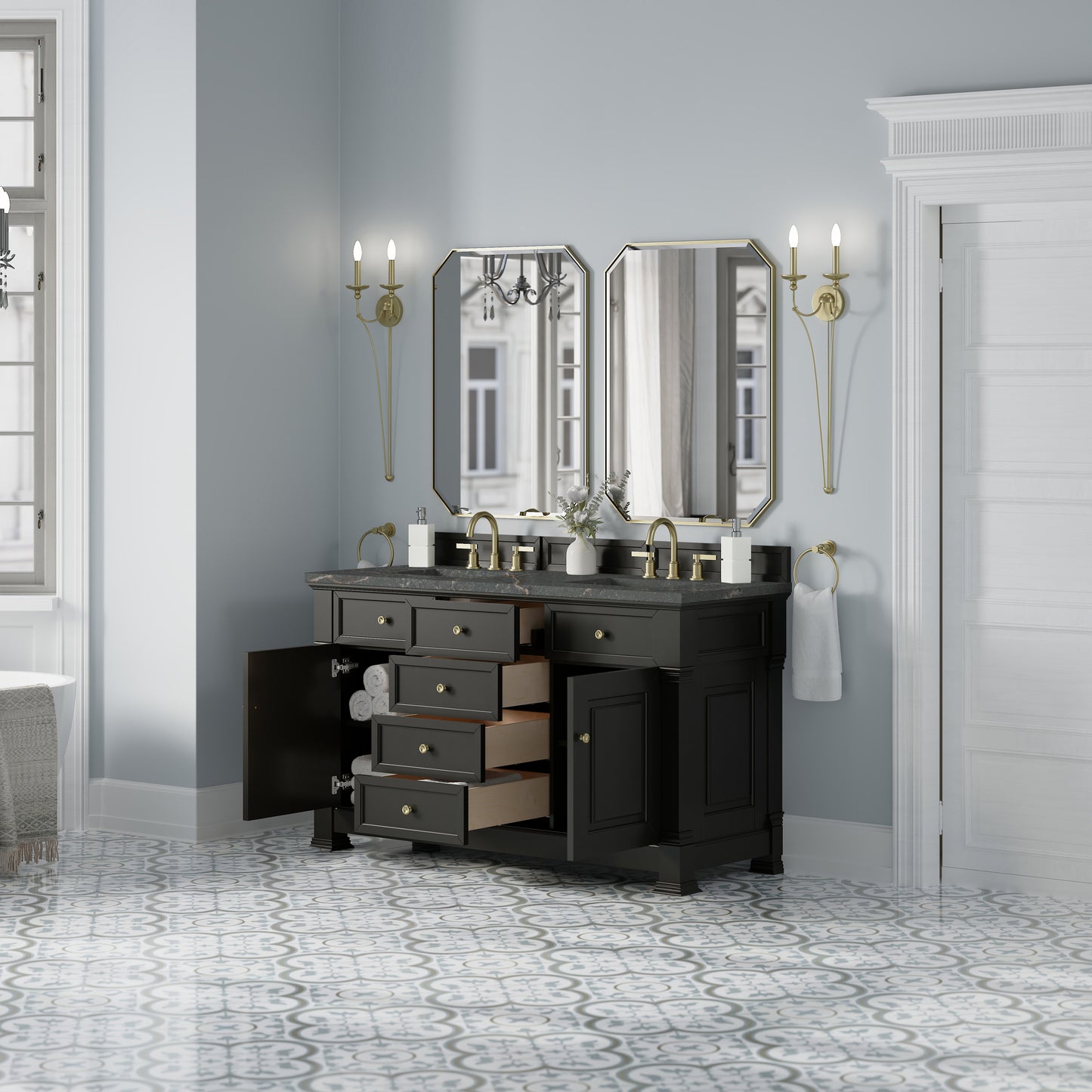 James Martin Vanities Brookfield 60" Black Onyx Double Vanity With 3 cm Parisien Bleu Silestone Top and FreePower Wireless Charger