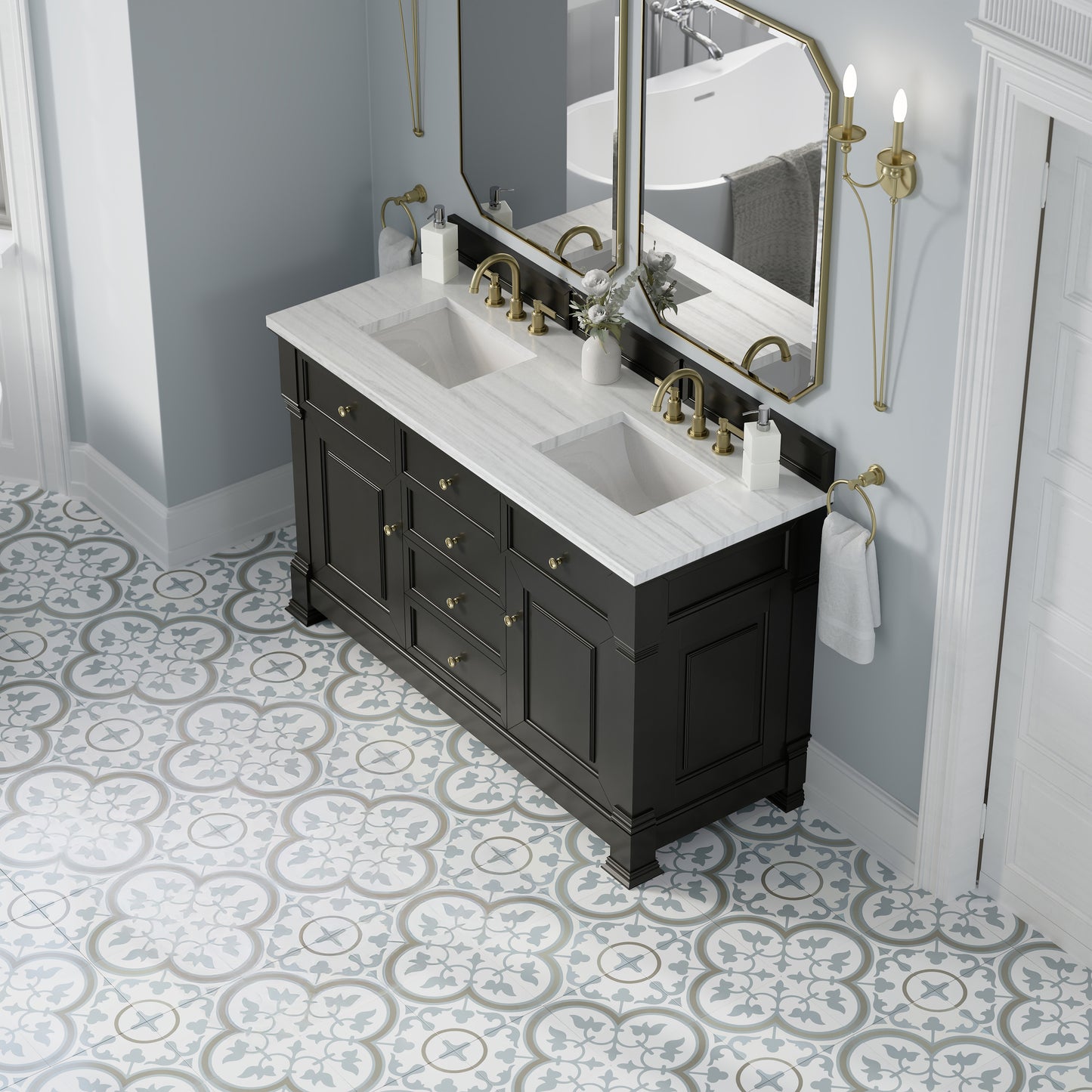 James Martin Vanities Brookfield 60" Black Onyx Double Vanity With 3cm Arctic Fall Solid Surface Top