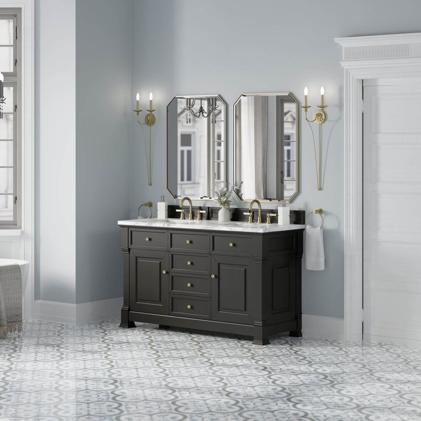 James Martin Vanities Brookfield 60" Black Onyx Double Vanity With 3cm Carrara White Marble Top