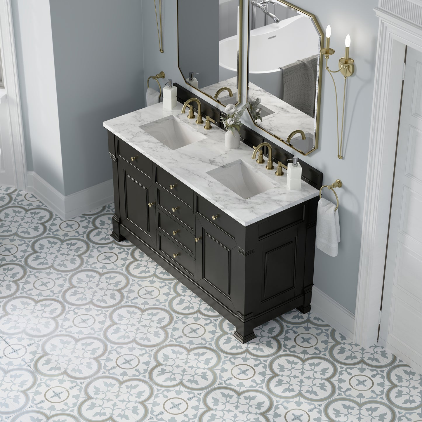 James Martin Vanities Brookfield 60" Black Onyx Double Vanity With 3cm Carrara White Marble Top